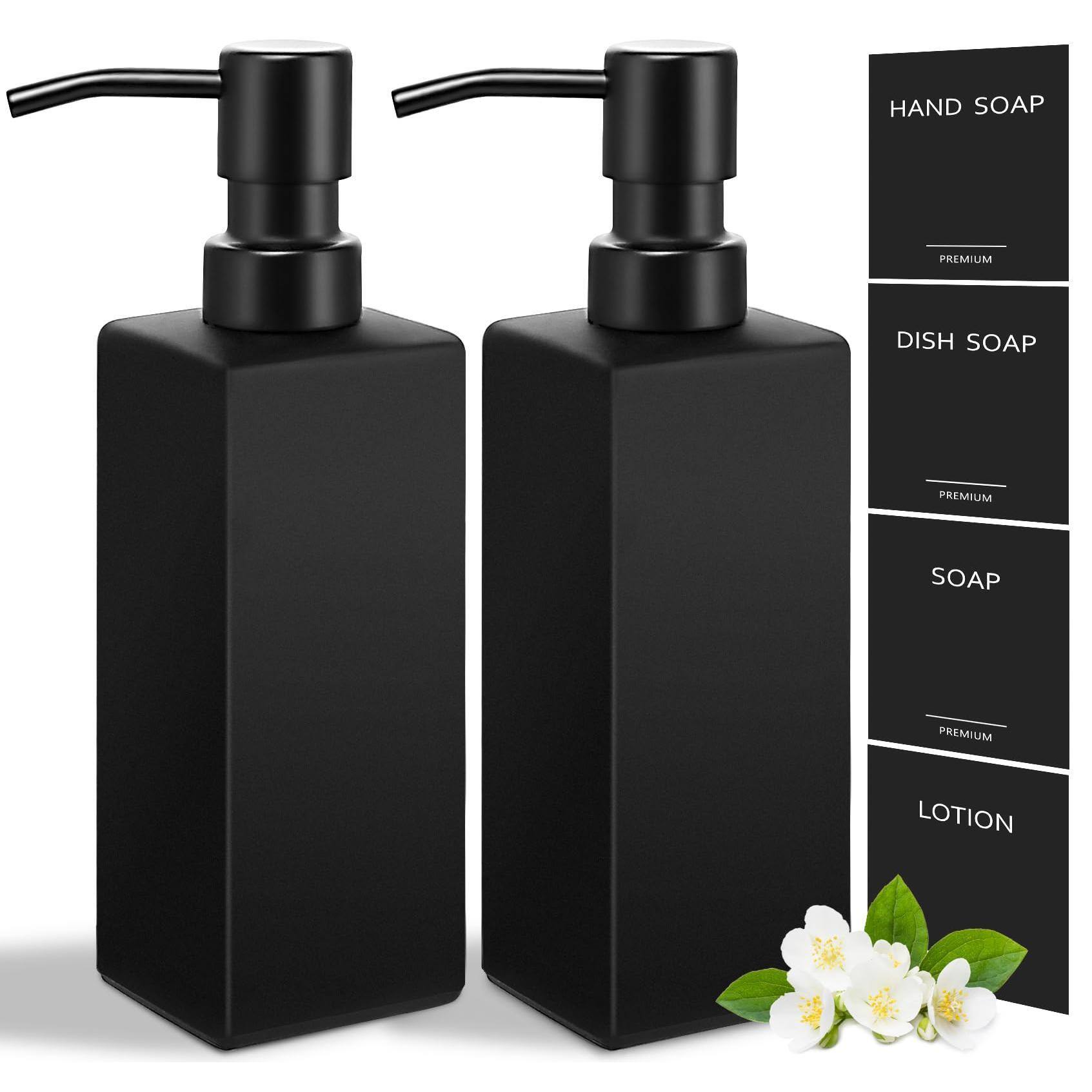 Dapper Styles - Kitchen Soap Dispenser Set Hand And Dish Dispensers Liquid With Tray Refillable For Glass Bottles Stainless - Black Bottle + Black Pump-2 Pack