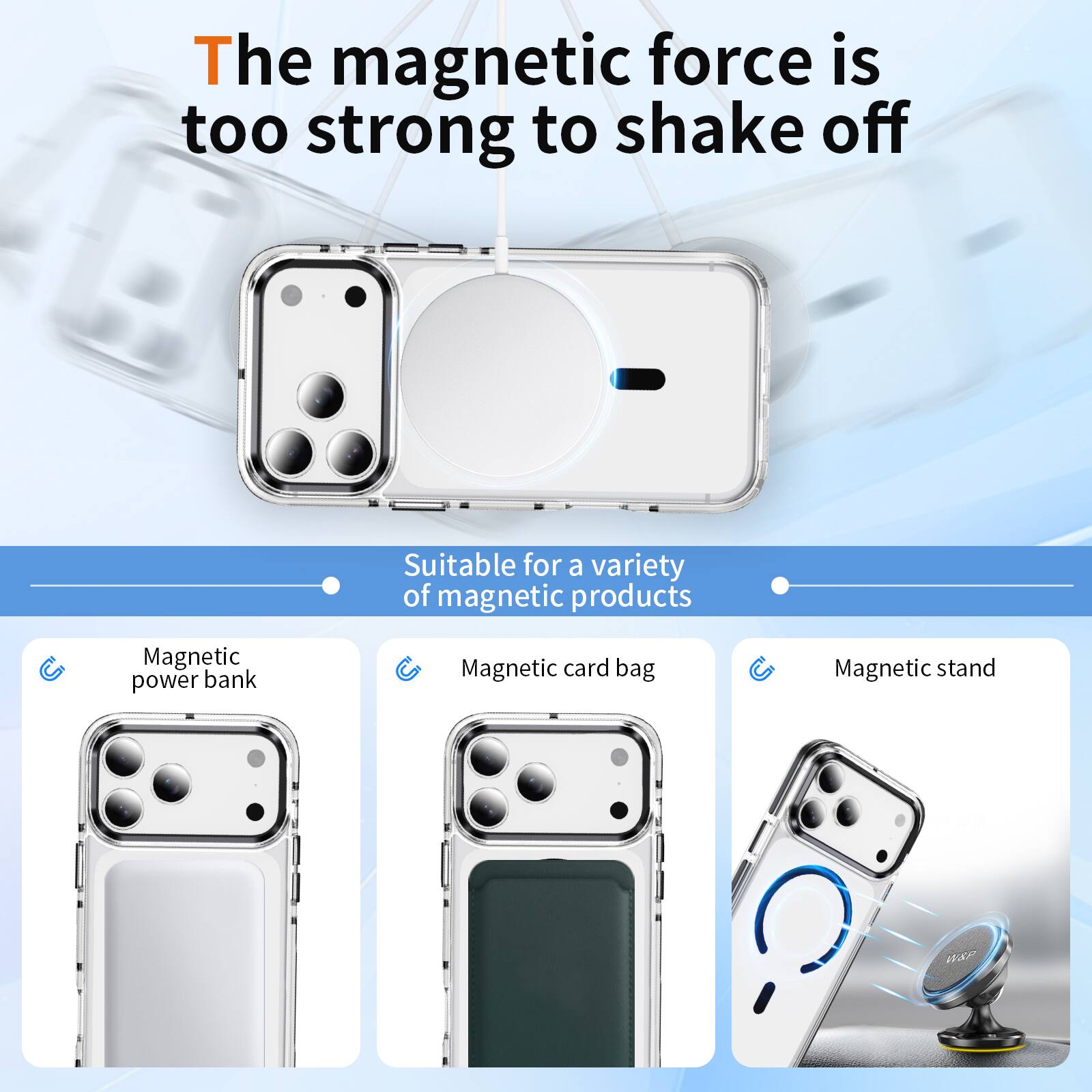 The magnetic force is too strong to shake off  
Suitable for a variety of magnetic products  
Magnetic power bank  
Magnetic card bag  
Magnetic stand