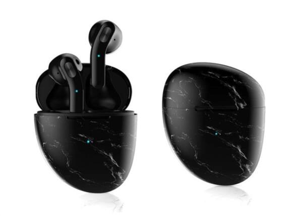 Front. SKRAN - Twin Bluetooth Headphones -True Wireless Earbuds with Marble Pebble Design,HD Stereo Sound,Noise Cancellation,Secure Fit - Black.