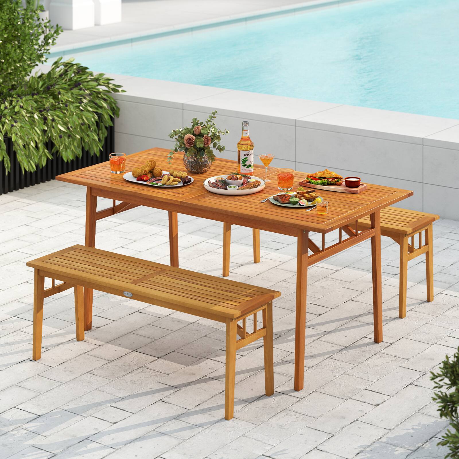 Alt View 3. Gymax - Gymax 2 PCS Acacia Wood Outdoor Bench 48'' Long Backless Wooden Picnic Bench w/ Slatted Seat - Yellow.