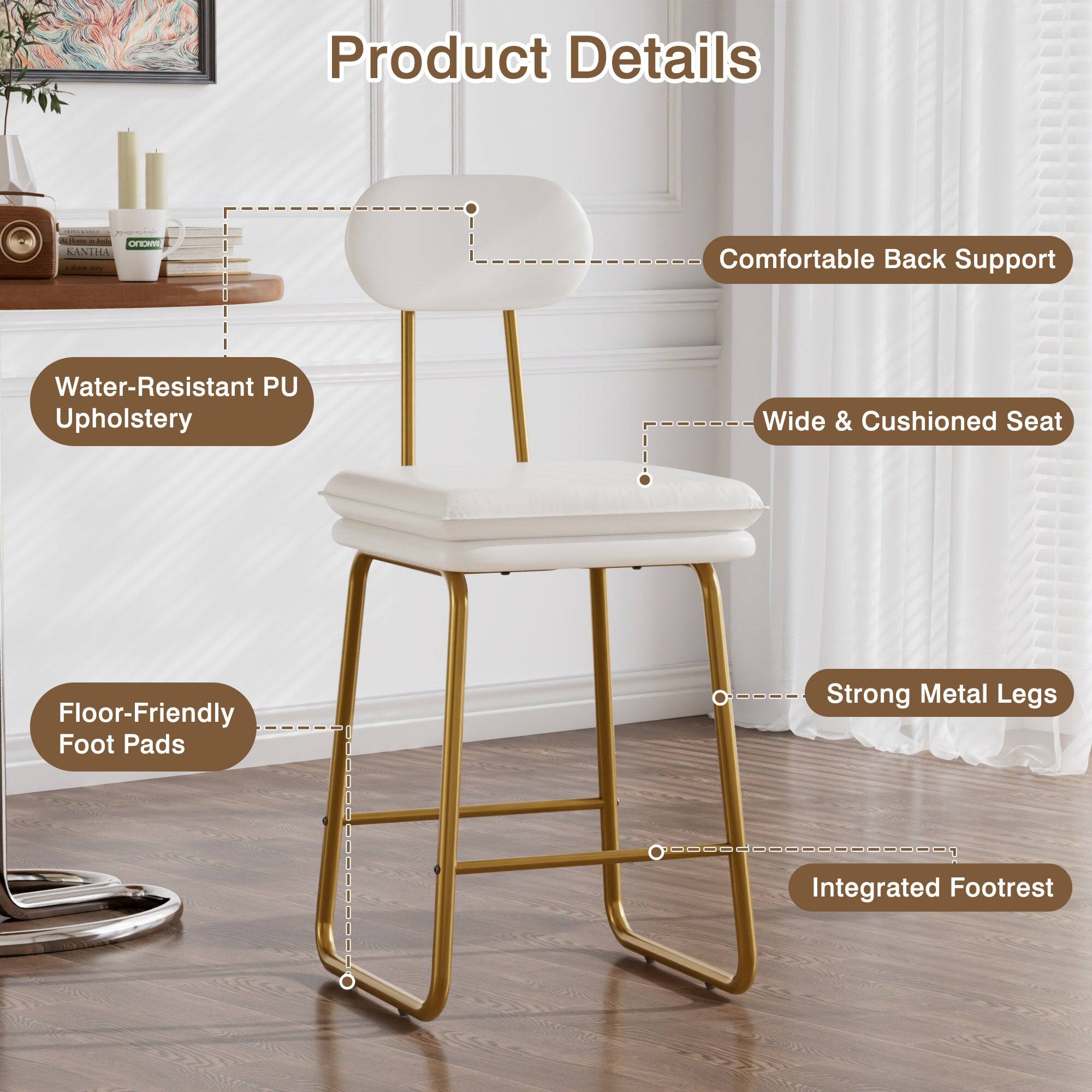 Product Details:  
- Comfortable Back Support  
- Water-Resistant PU Upholstery  
- Wide & Cushioned Seat  
- Floor-Friendly Foot Pads  
- Strong Metal Legs  
- Integrated Footrest