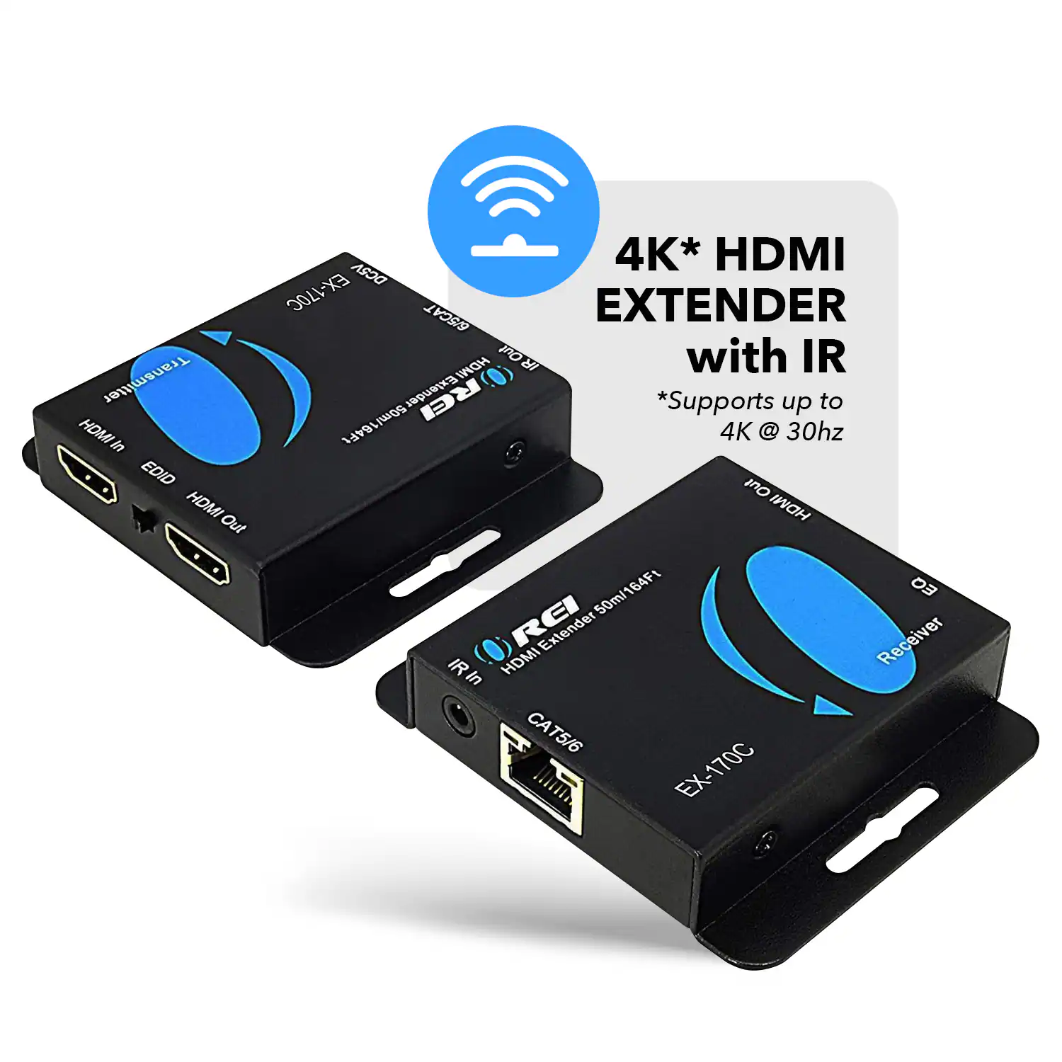 The corrected text is:

"Transmitter HDMI m EDID HDMI Out 4K* HDMI DCRA EX-170C EXTENDER SUSCAT Out 2 with IR HDMI Extender *Supports up to 50m/184Ft V 50ml 184Ft 4K @ 30hz Out HDMI 164Ft D3 50ml Extender Receiver IR In HDMI in CAT5/6 EX-170C"

This appears to be a description of an HDMI extender device, with the transmitter and receiver units.