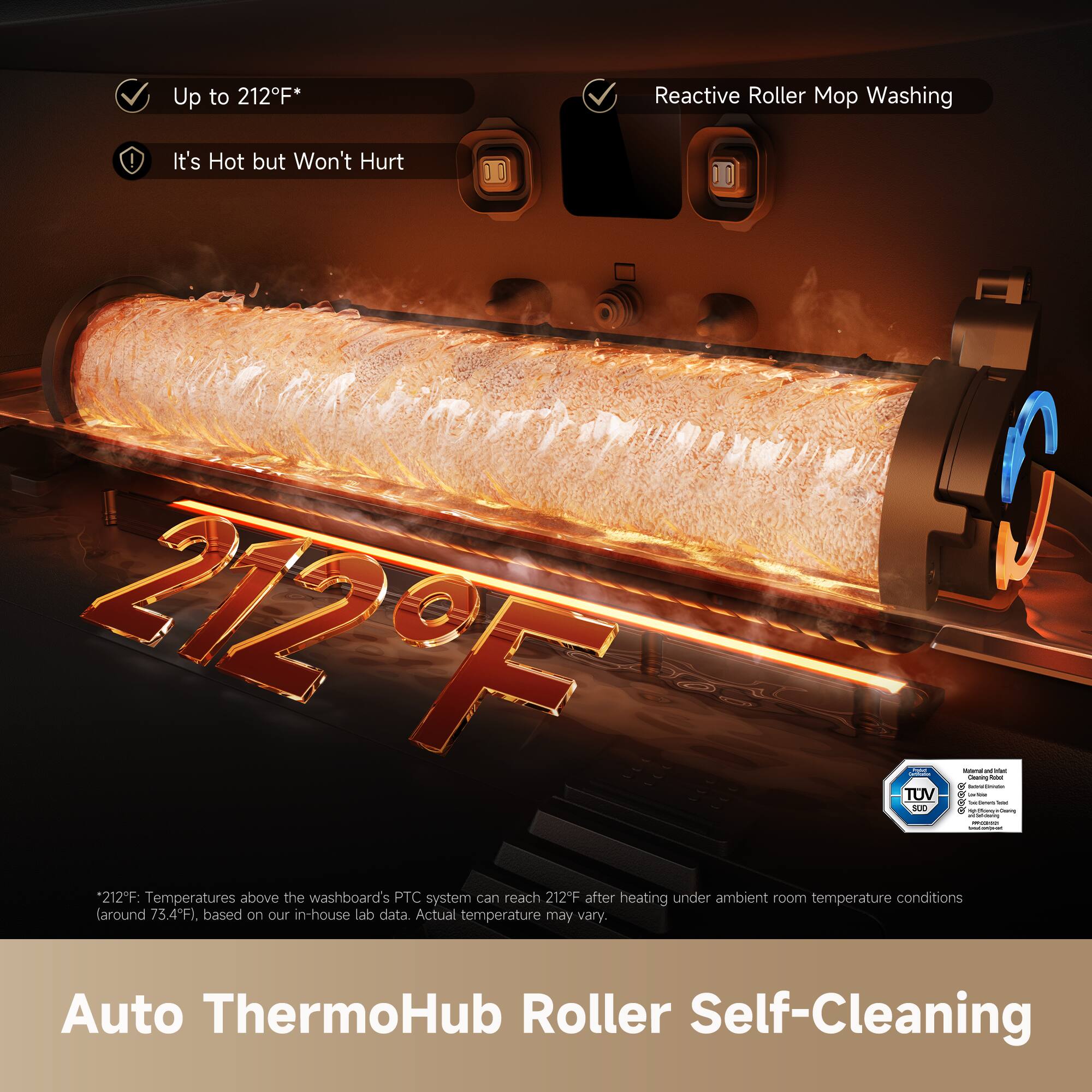 Up to 212°F*  
It's Hot but Won't Hurt  

Reactive Roller Mop Washing  

212°F: Temperatures above the washboard's PTC system can reach 212°F after heating under ambient room temperature conditions (around 73.4°F), based on our in-house lab data. Actual temperature may vary.  

Auto ThermoHub Roller Self-Cleaning  

*212°F: Temperatures above the washboard's PTC system can reach 212°F after heating under ambient room temperature conditions (around 73.4°F), based on our in-house lab data. Actual temperature may vary.  

TUV SUD  
Gaming Hot  
Certified by TÜV SÜD  
Germany