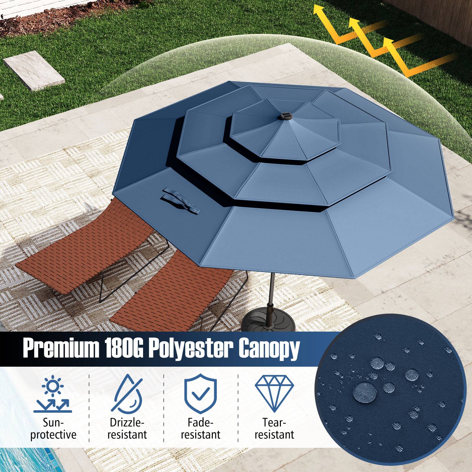 Premium 180G Polyester Canopy is sun-protective, drizzle-resistant, fade-resistant, and tear-resistant.