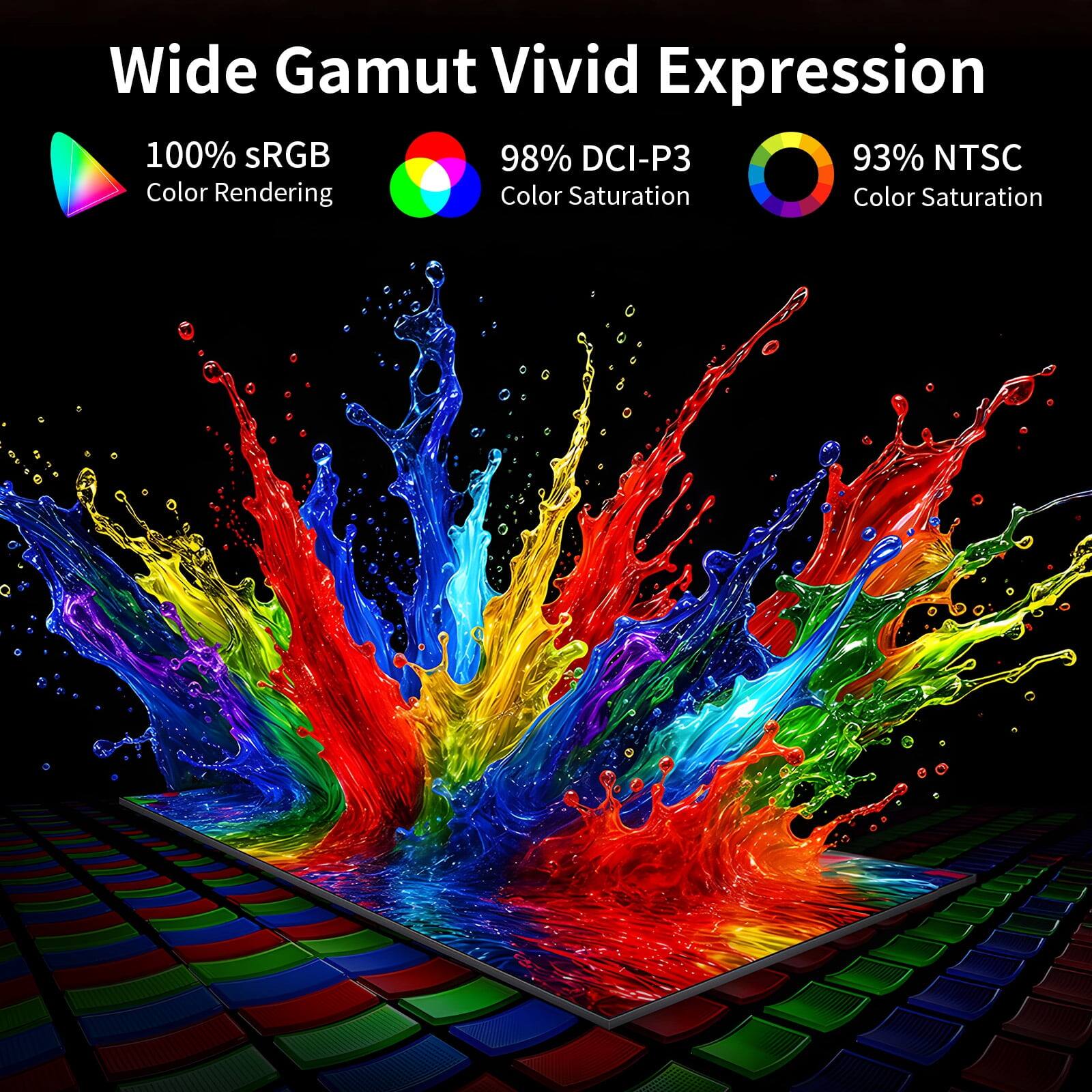 Wide Gamut Vivid Expression  
100% sRGB Color Rendering  
98% DCI-P3 Color Saturation  
93% NTSC Color Saturation