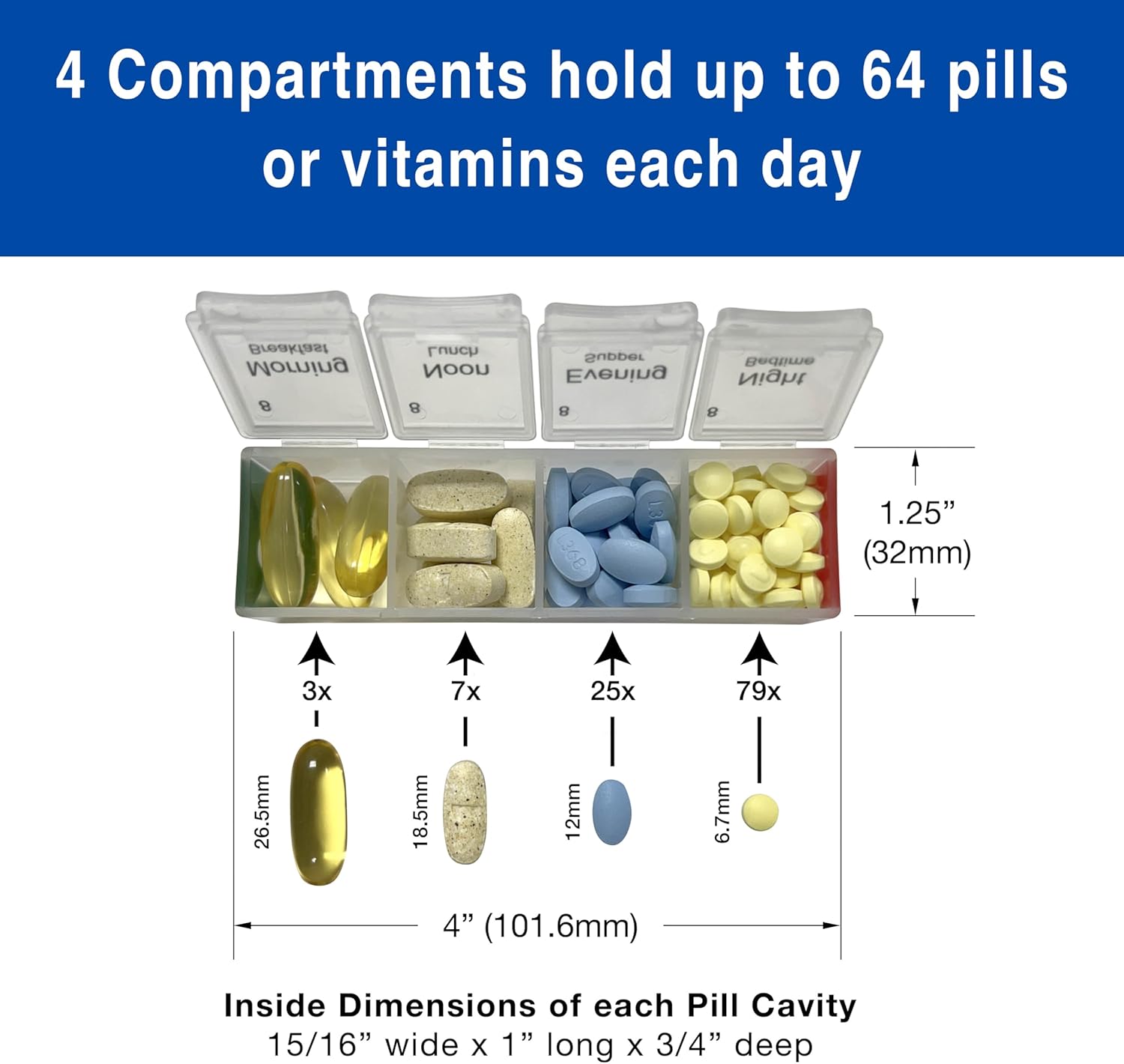 4 Compartments hold up to 64 pills or vitamins each day

Breakfast Morning 8  
Lunch Noon 8  
Supper Evening 8  
Bedtime Night 8

36B

1.25" (32mm)  
3x I 7x 25x 79x 26.5mm 18.5mm 12mm 6.7mm 4" (101.6mm)

Inside Dimensions of each Pill Cavity  
15/16" wide x 1" long x 3/4" deep
