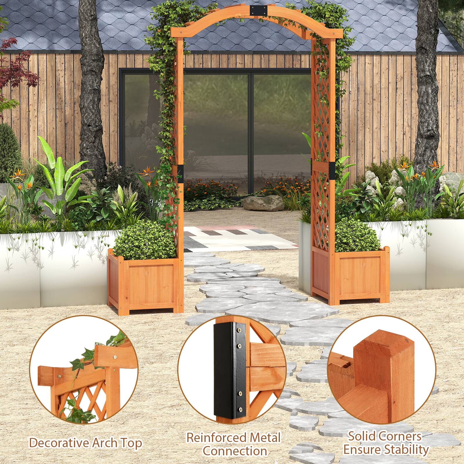 Decorative Arch Top  
Reinforced Metal Connection  
Solid Corners Ensure Stability