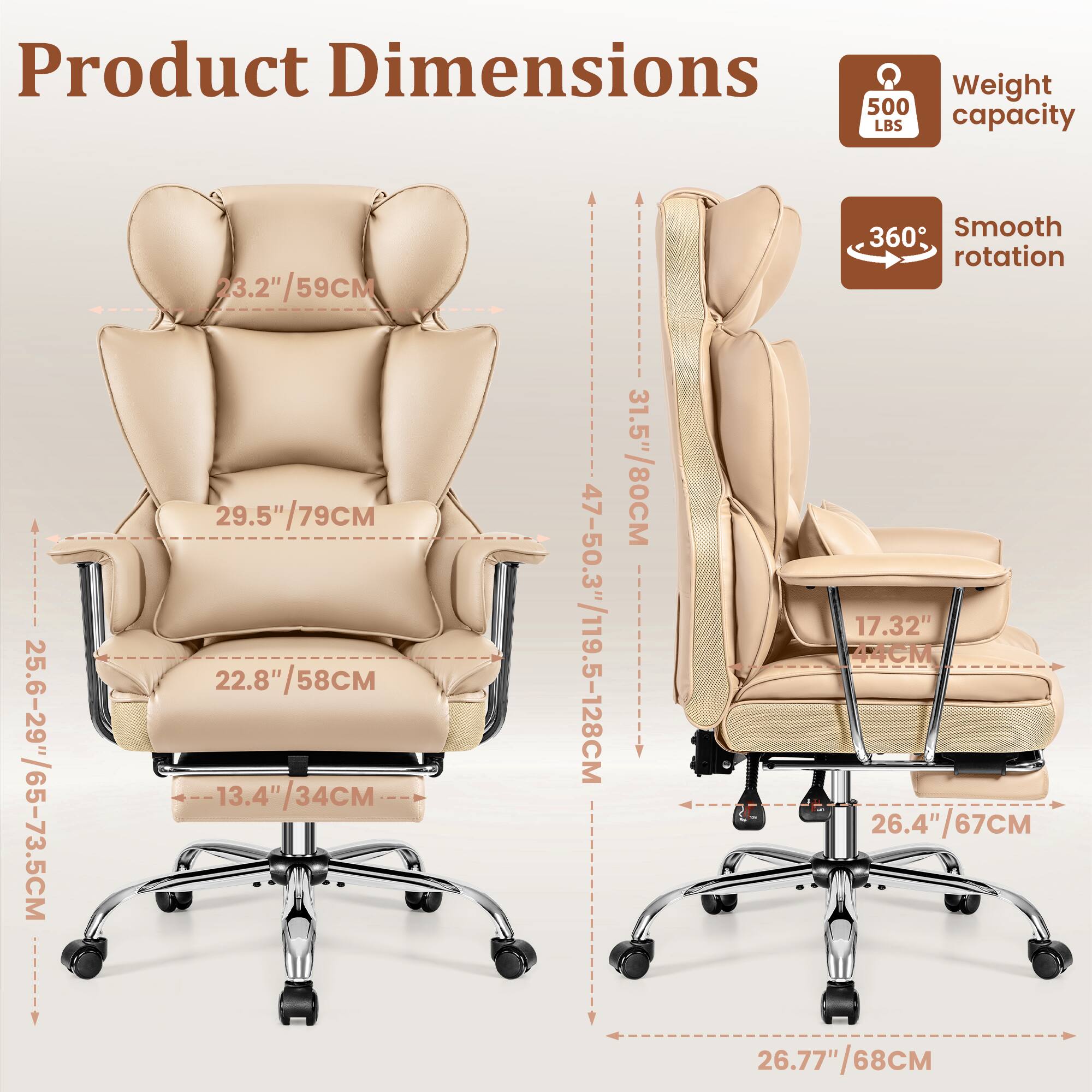 Product Dimensions  
Weight: 500 LBS capacity  
Dimensions:  
- 25.6-29"/65-73.5CM  
- 23.2"/59CM  
- 29.5"/79CM  
- 22.8"/58CM  
- 13.4"/34CM  
- 31.5"/80CM  
- 47-50.3"/119.5-128CM  
- 17.32"/44CM  
- 26.4"/67CM  
- 26.77"/68CM  

Smooth rotation: 360°