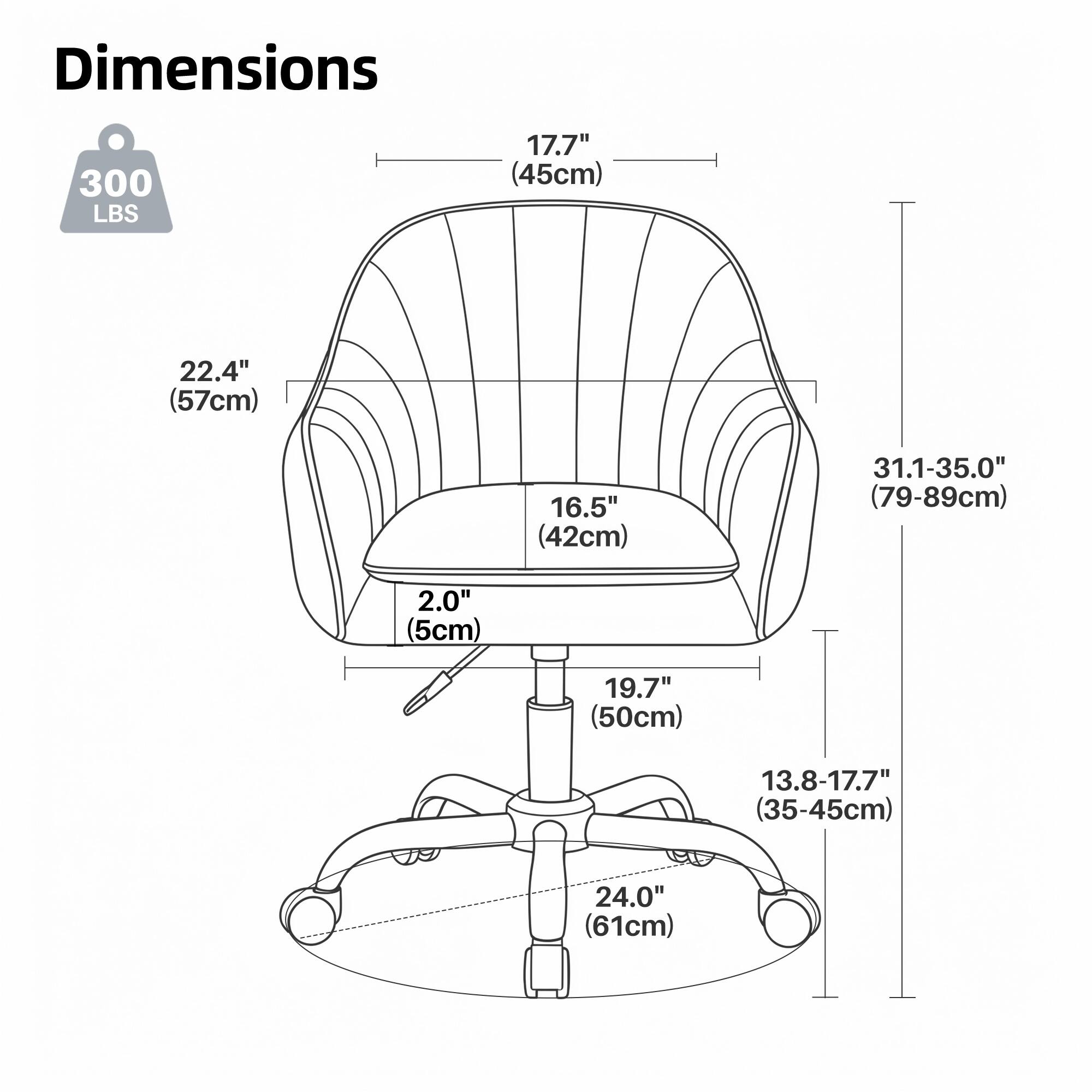 Dimensions:  
- 300 LBS  
- 17.7" (45cm)  
- 22.4" (57cm)  
- 16.5" (42cm)  
- 31.1-35.0" (79-89cm)  
- 2.0" (5cm)  
- 19.7" (50cm)  
- 13.8-17.7" (35-45cm)  
- 24.0" (61cm)