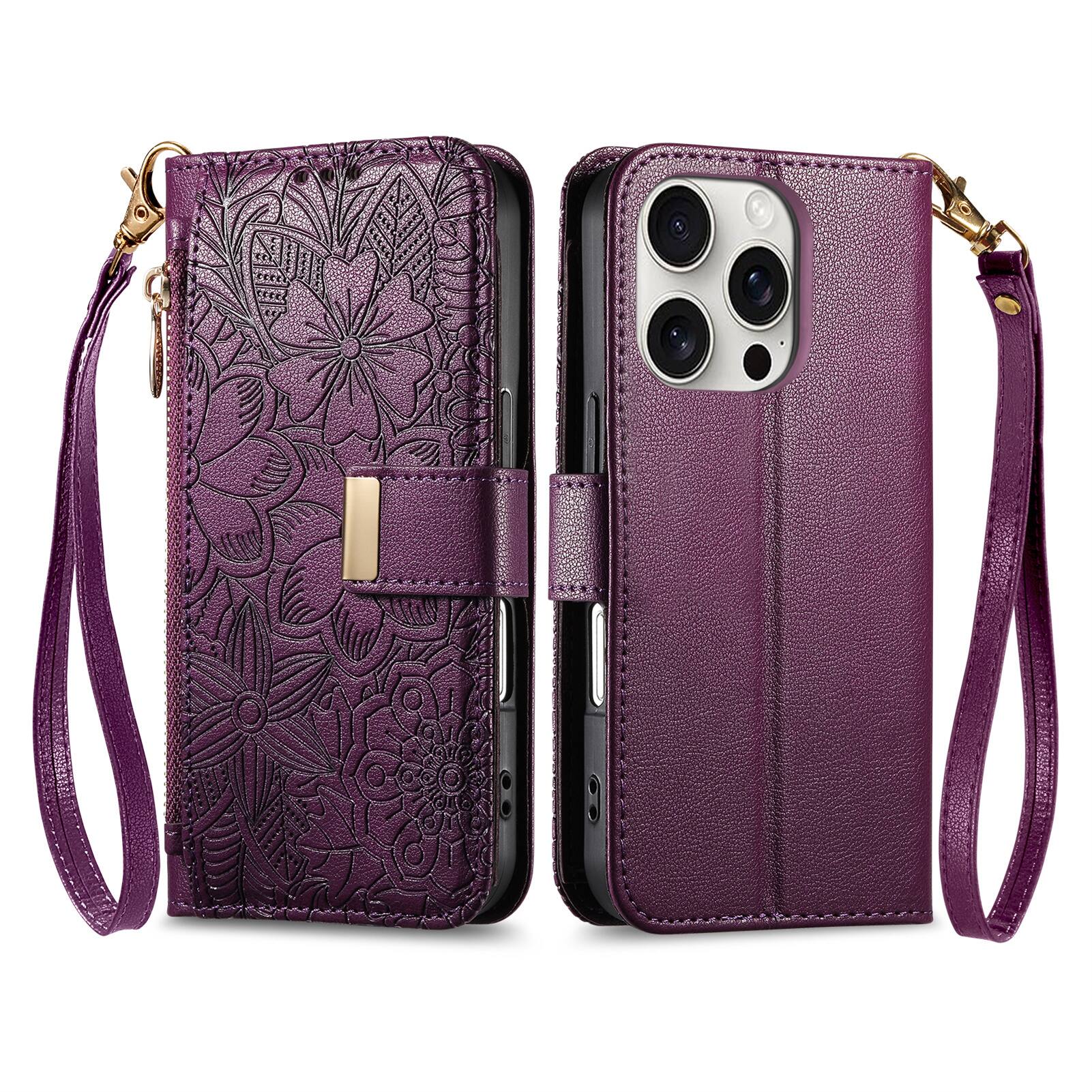 Angle. UUCOVER - Floral PU Leather Wallet Case for iPhone 16 Pro Max with Zipper Pocket, Card Slots,Shoulder & Wrist Strap, Stand Cover - Purple.
