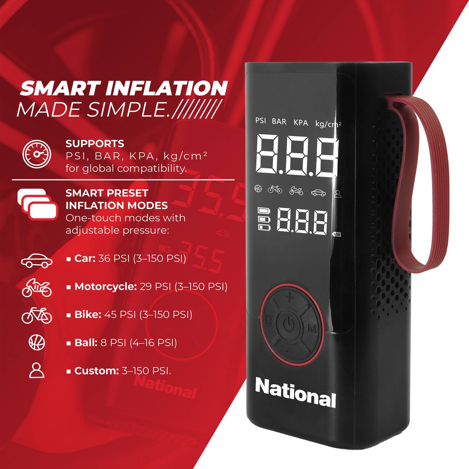 SMART INFLATION MADE SIMPLE.

SUPPORTS
PSI, BAR, KPA, kg/cm² for global compatibility.

SMART PRESET INFLATION MODES
One-touch modes with adjustable pressure:

- Car: 36 PSI (3-150 PSI)
- Motorcycle: 29 PSI (3-150 PSI)
- Bike: 45 PSI (3-150 PSI)
- Ball: 8 PSI (4-16 PSI)
- Custom: 3-150 PSI.

National