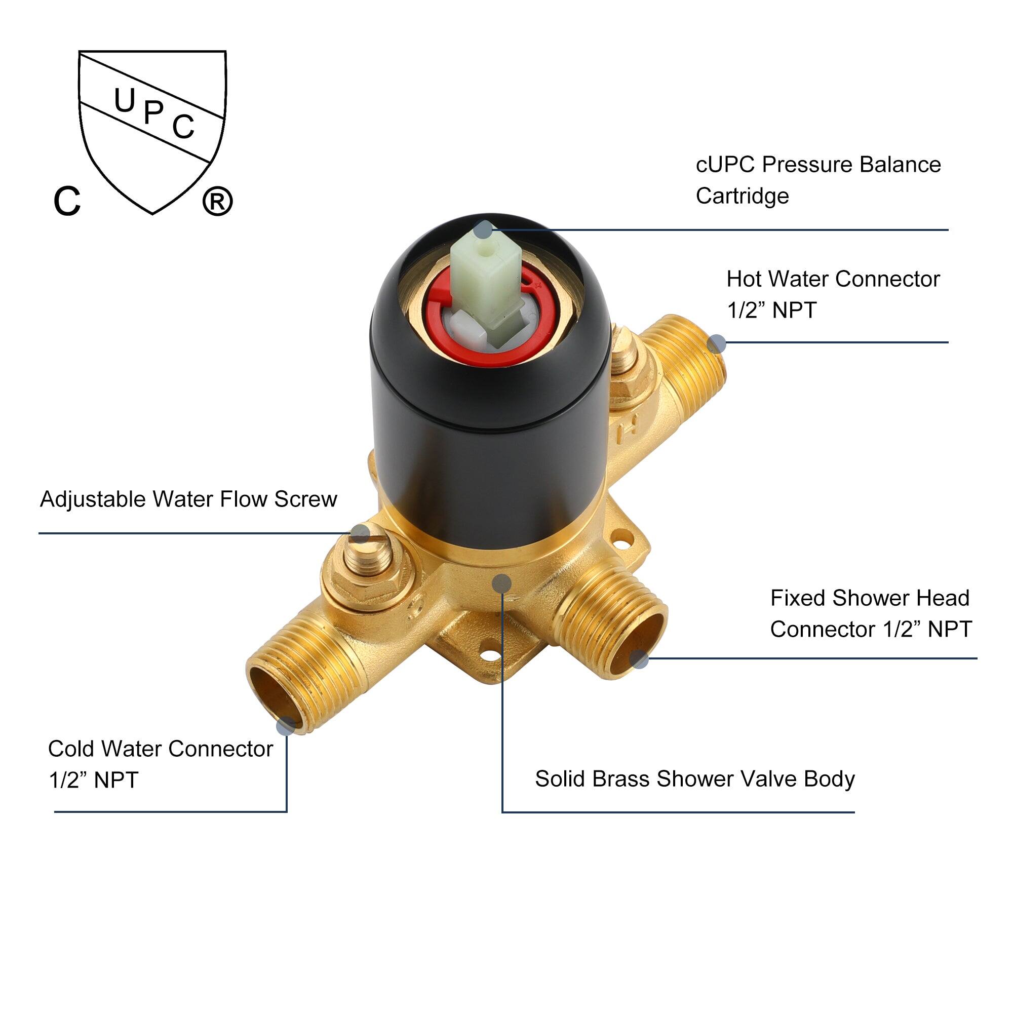 UPC U P C C  R cUPC Pressure Balance Cartridge Hot Water Connector 1/2" NPT Adjustable Water Flow Screw Fixed Shower Head Connector 1/2" NPT Cold Water Connector 1/2" NPT Solid Brass Shower Valve Body