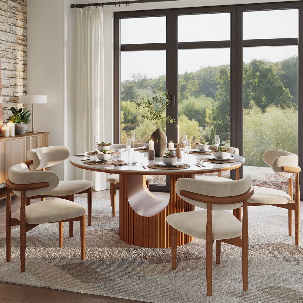 Angle. POVISON - 59"Modern Round Wood Dining Table for 6,Walnut Color Solid Wood Dining Table,  Glossy White Sintered Stone Table - White.