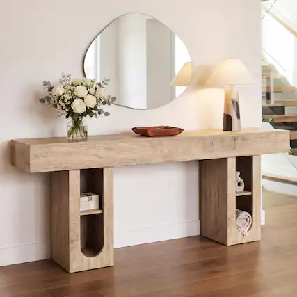 Front. Whisen - 71-Inch Long Console Table with Built-in Power Outlet and Adjustable Shelves-Natural - Natural.