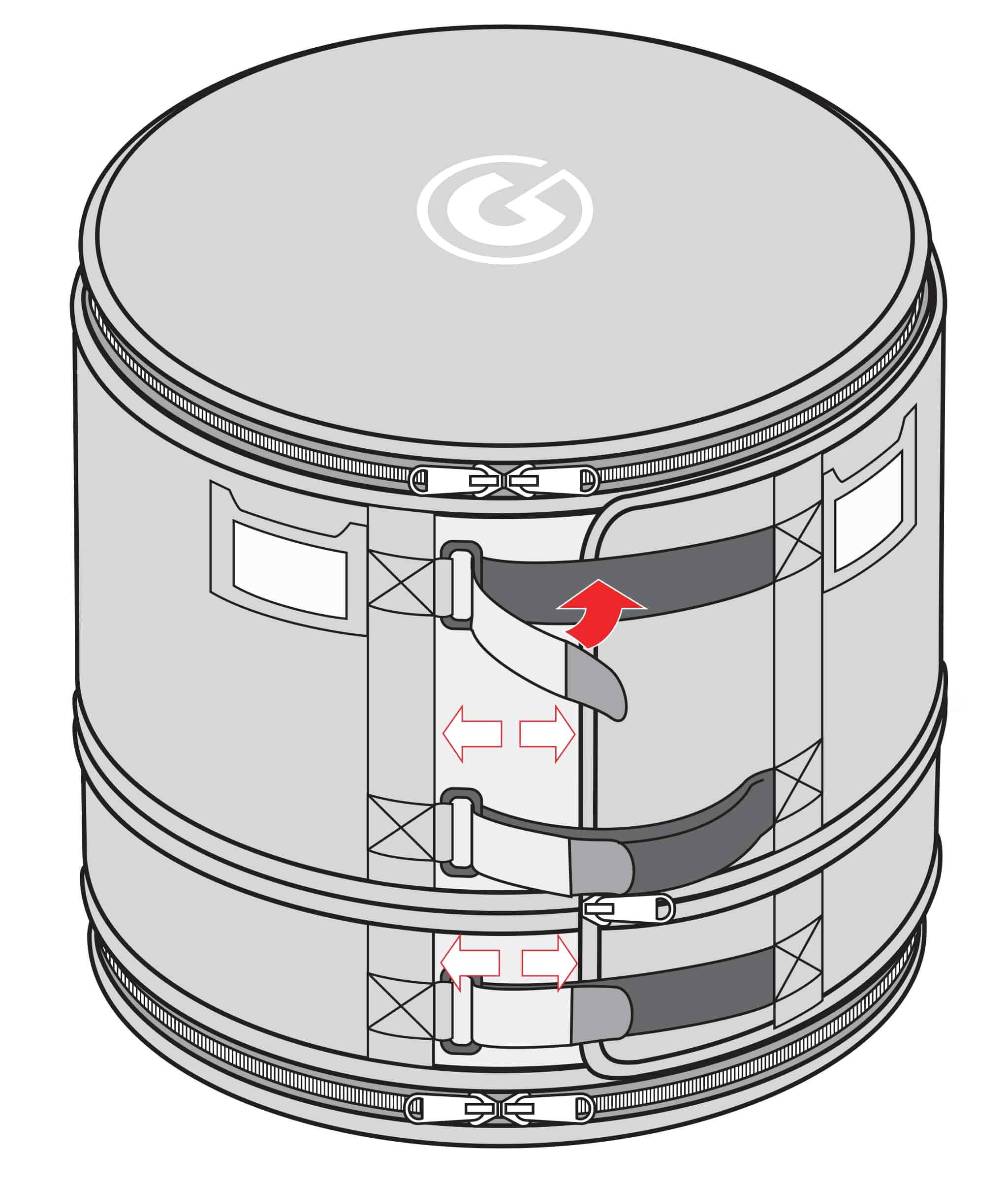 Left. Gibraltar Hardware - 18" Flatter Floor Tom Bag for Drums, Expandable Soft Case with Foldable Storage, Padded Handles, Heavy-Duty Zippers.