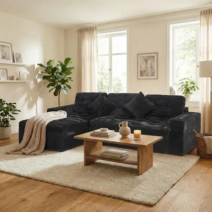 Front. Anysun - 105" Modular Cloud Sofa Set with Ottoman, DIY Sectional, Pure Foam & Faux Rabbit Fur Velvet for Living Room - Black.