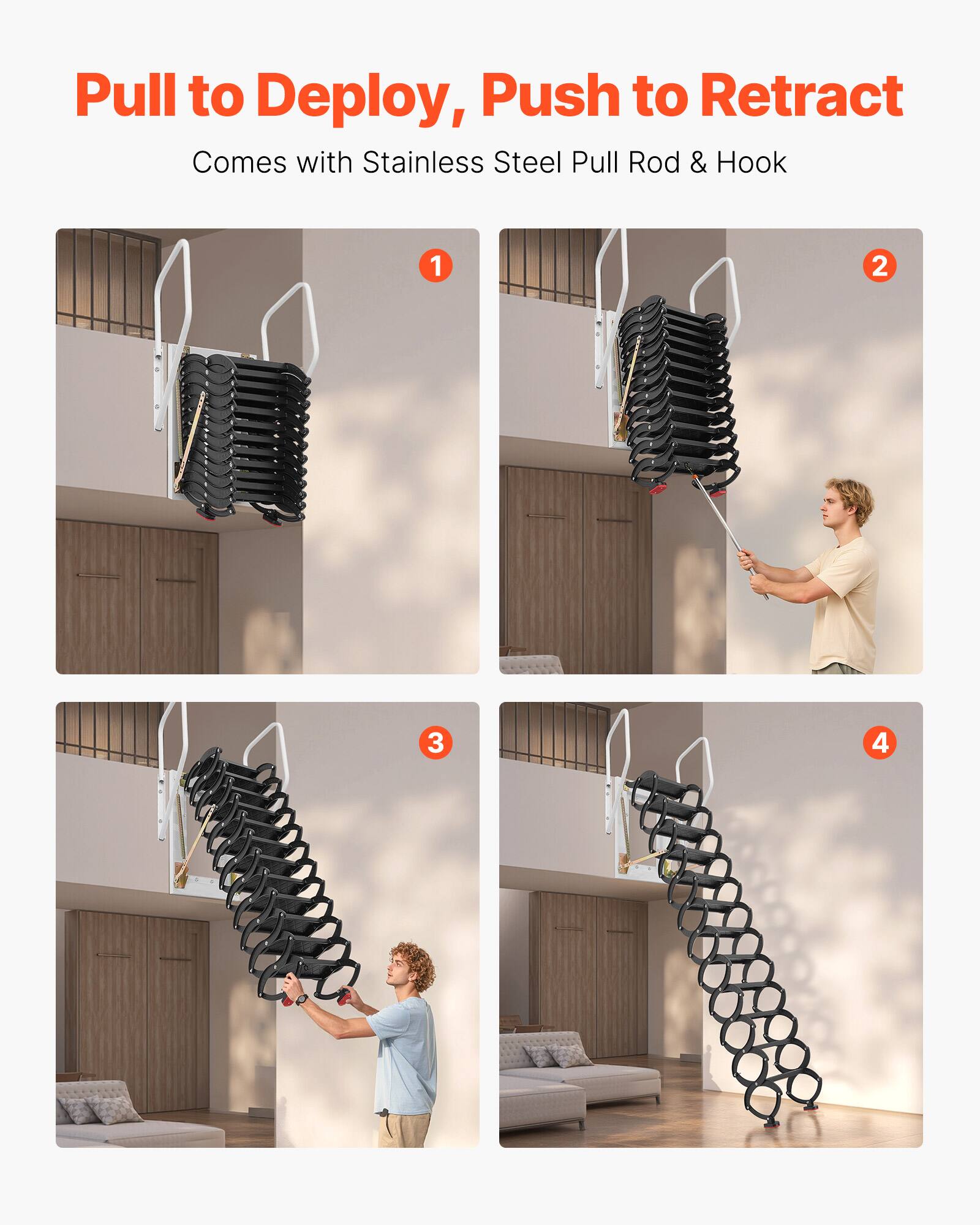 Pull to Deploy, Push to Retract  
Comes with Stainless Steel Pull Rod & Hook