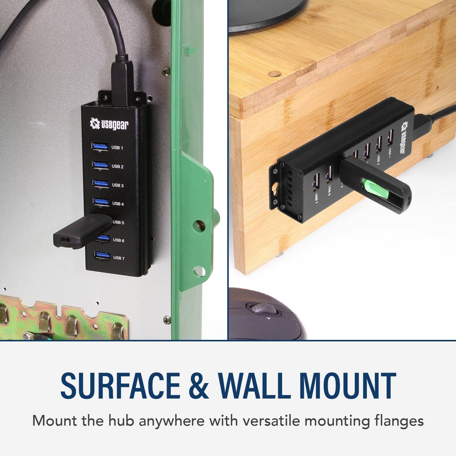 UsBgear USB 1 USB 2 # ugeer USB 3 USB 4 S USB S usa  USN 1 SURFACE & WALL MOUNT Mount the hub anywhere with versatile mounting flanges
