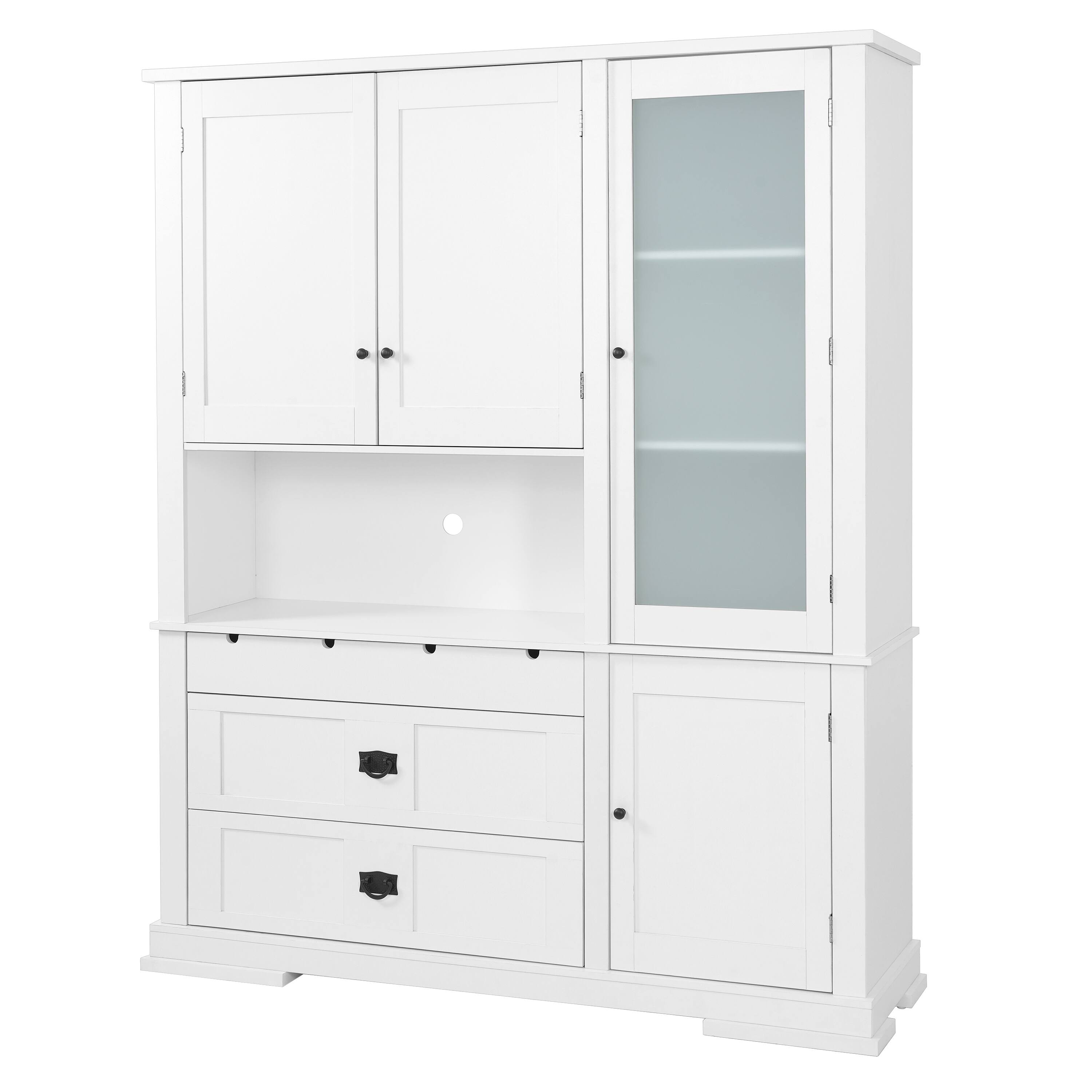 Left. Whisen - 63" W Kitchen Buffet with Hutch, Storage Pantry Cabinet with Microwave Workstation & 3 Drawers - White.