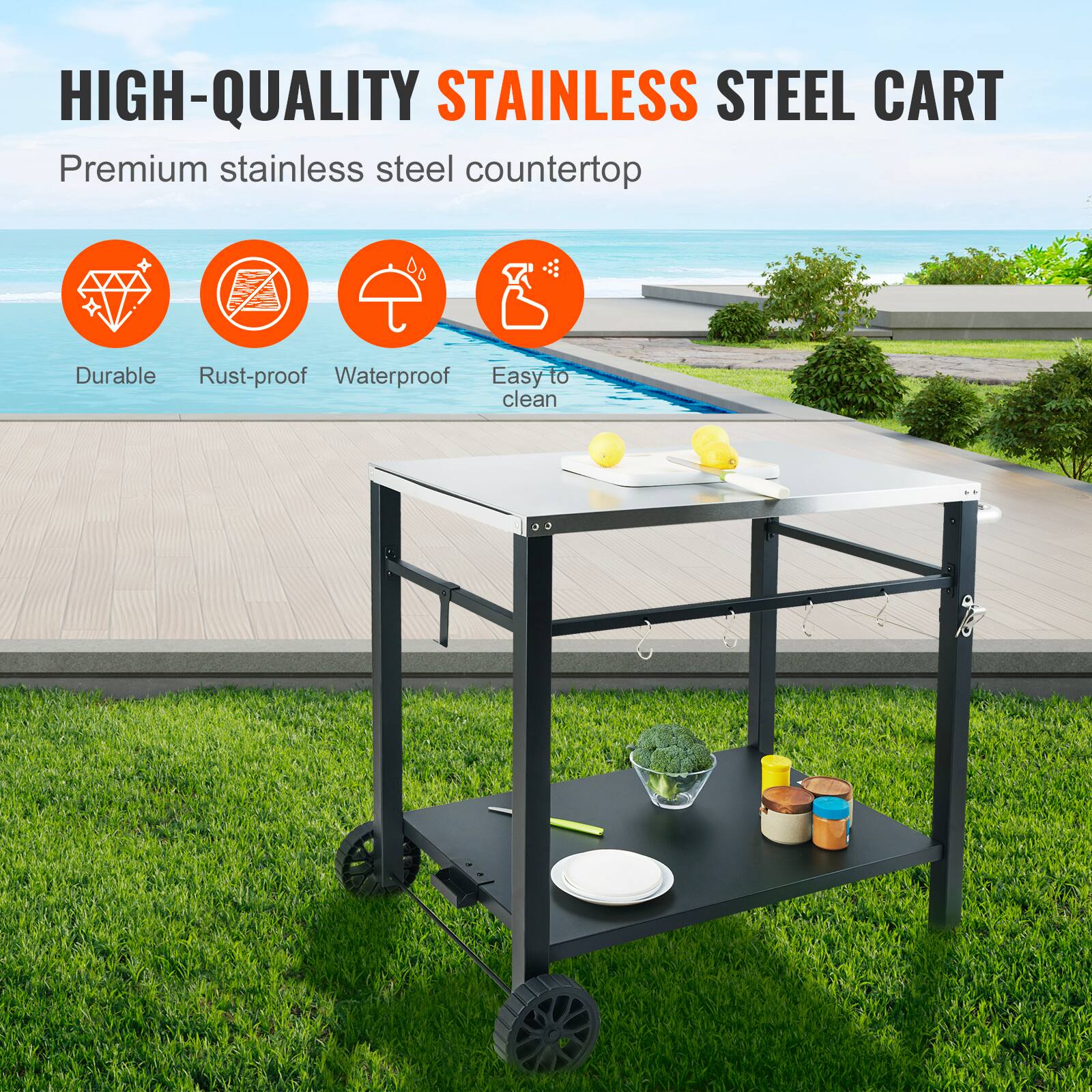 HIGH-QUALITY STAINLESS STEEL CART
Premium stainless steel countertop
Durable
Rust-proof
Waterproof
Easy to clean