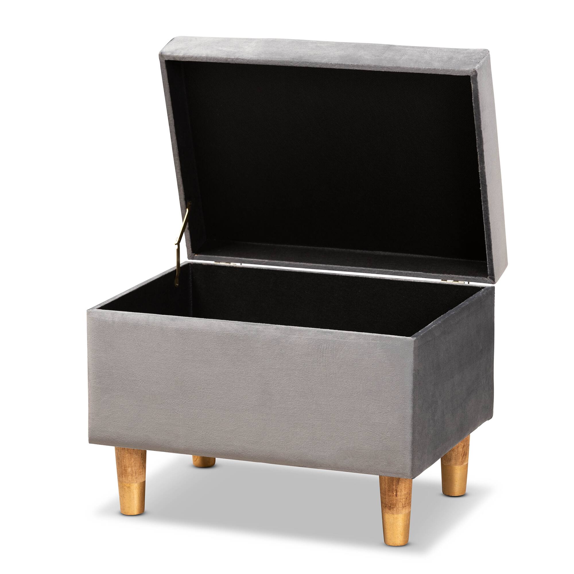 Angle. Baxton Studio - Elias Modern and Contemporary Velvet Fabric Upholstered and Oak Brown Finished Wood Storage Ottoman - Grey/Oak.