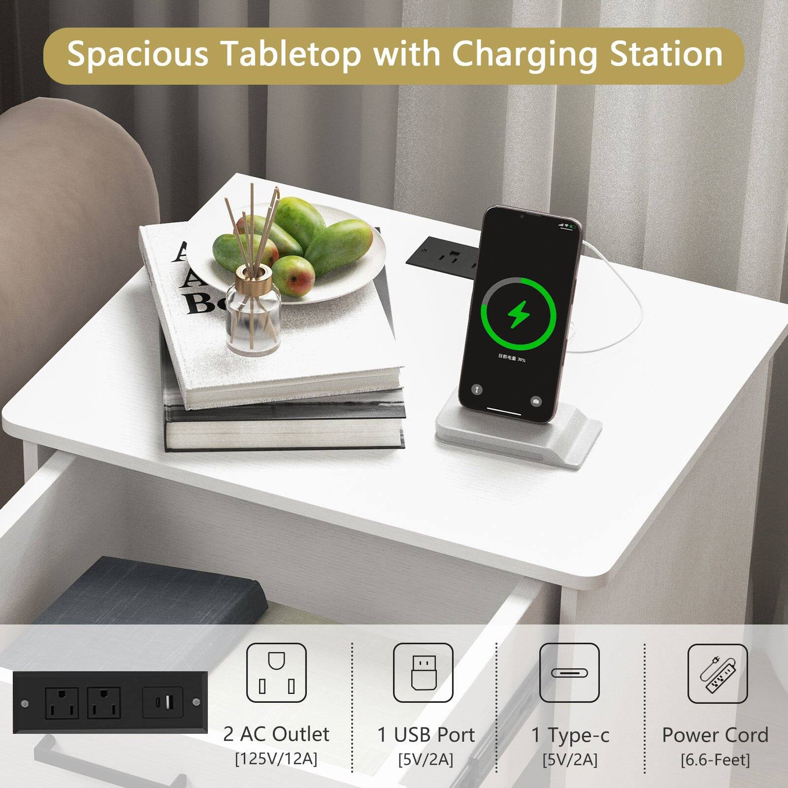 Spacious Tabletop with Charging Station

A - 2 AC Outlet [125V/12A]
B - 1 USB Port [5V/2A]
C - 1 Type-C [5V/2A]
D - Power Cord [6.6-Feet]
