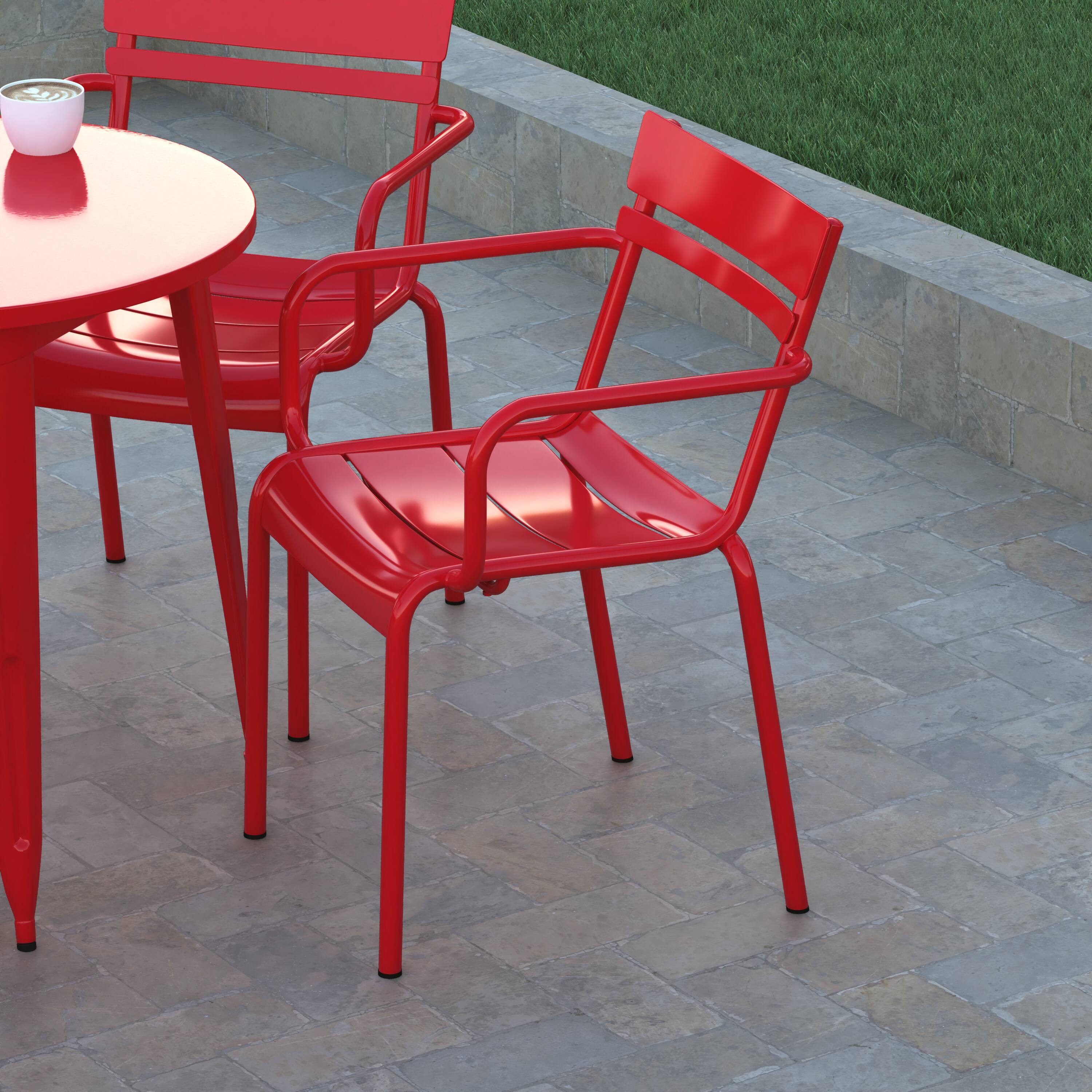 Alt View 4. Emma + Oliver - Rennes Powder Coated Steel Stacking Dining Chair with Arms and 2 Slat Back for Indoor-Outdoor Use - Red.