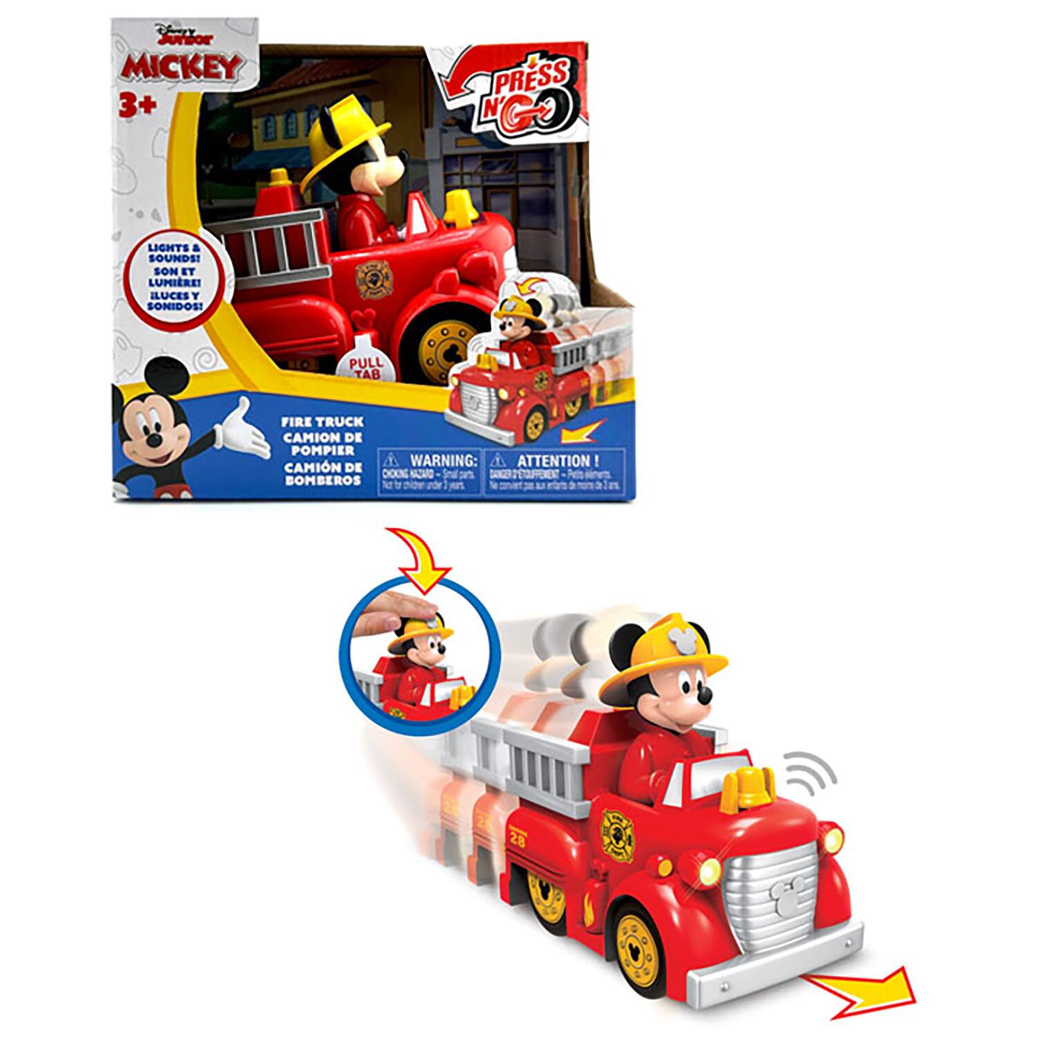 Sampy Junior MICKEY 3+  
PRESS "GO  
LIGHTS A SOUNDS! SON ET LUMIÈRE! ILUCES Y SONIDOS  
PULL TAB  
FIRE TRUCK CAMION DE POMPIER CAMION DE BOMBEROS  
WARNING: & ATTENTION ! DE CHOKING DRAGAN DANGER D'TOUFFENT  
28