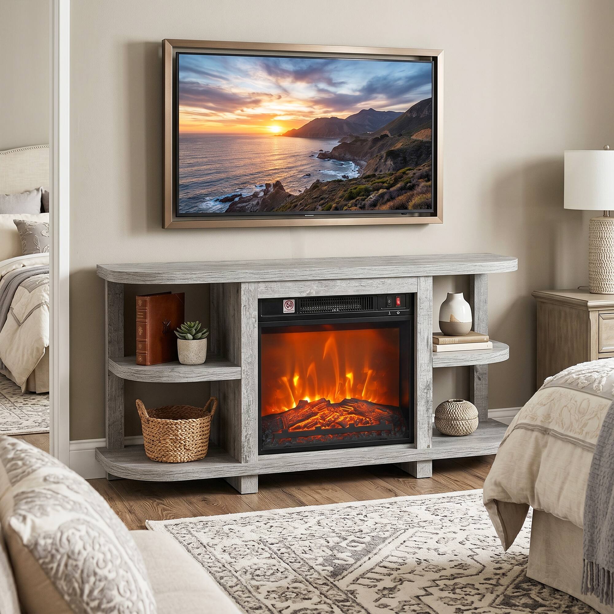 Angle. Ihomeadore - 48" TV Stand with 18" Insert Electric Fireplace and Open Storage Shelves Media Console for TVs up to 55" - Gray.