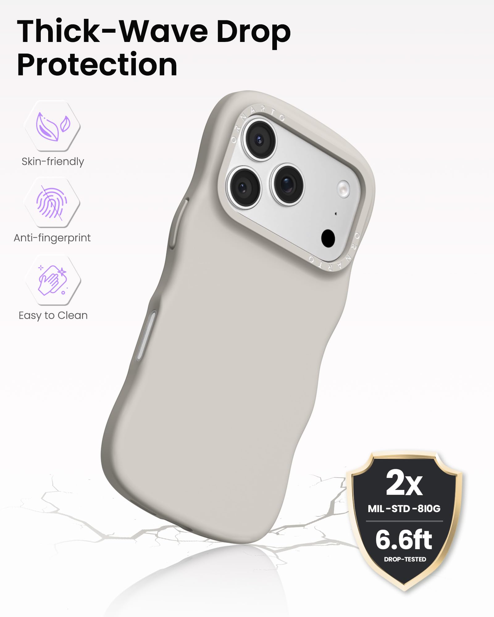 Thick-Wave Drop Protection

- Skin-friendly
- Anti-fingerprint
- Easy to Clean

2x MIL-STD-810G  
6.6ft DROP-TESTED