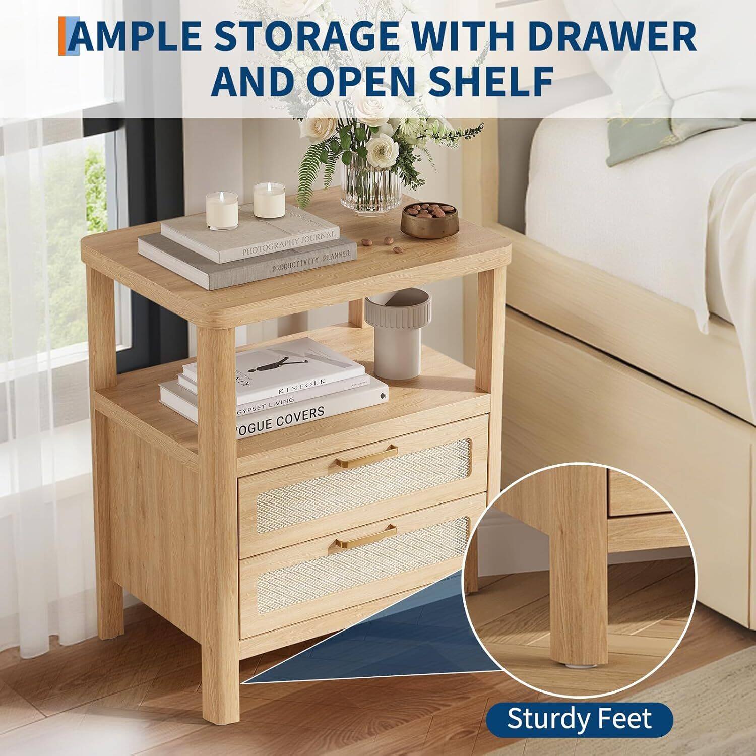 AMPLE STORAGE WITH DRAWER AND OPEN SHELF

Sturdy Feet