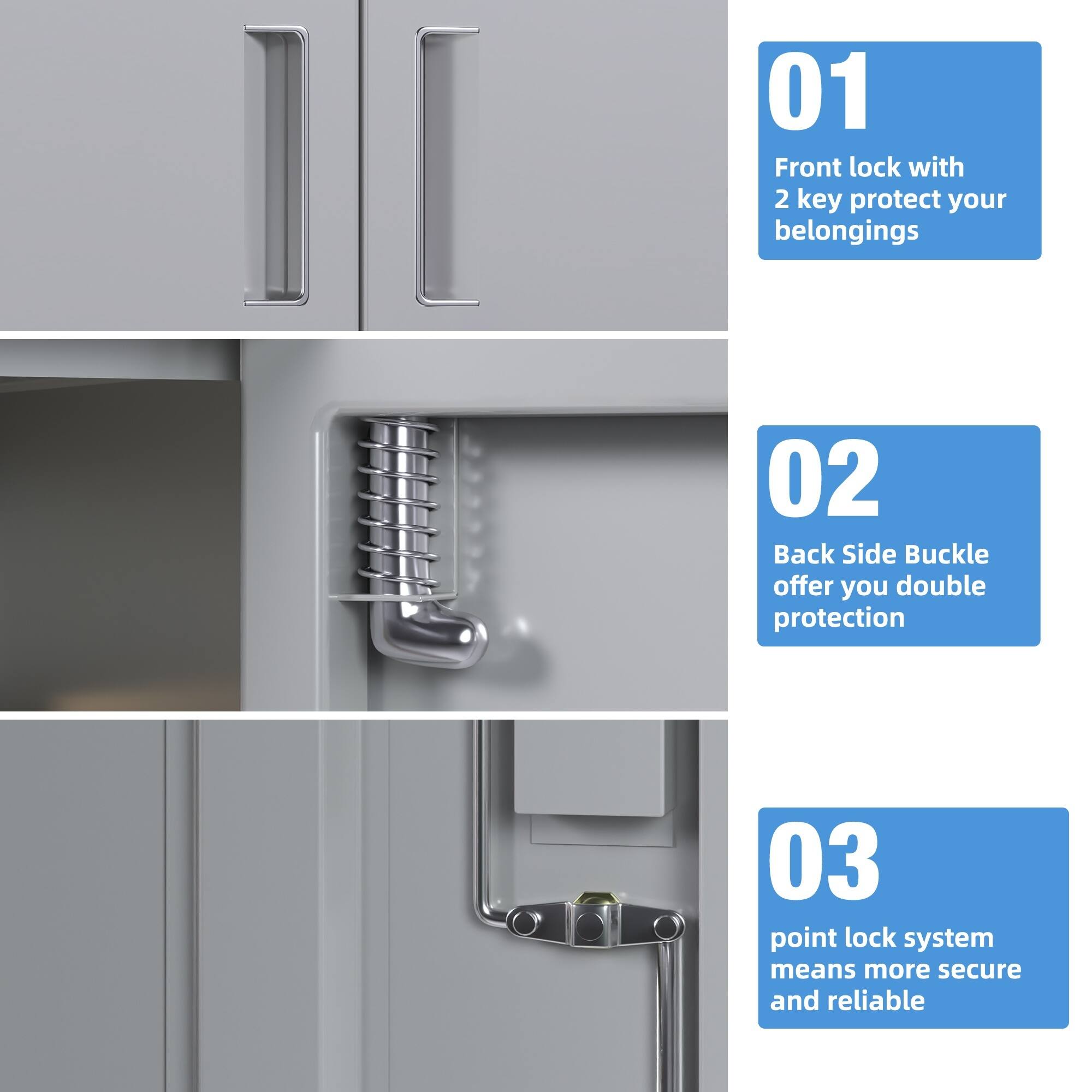 01 Front lock with 2 key protect your belongings  
02 Back Side Buckle offer you double protection  
03 point lock system means more secure and reliable