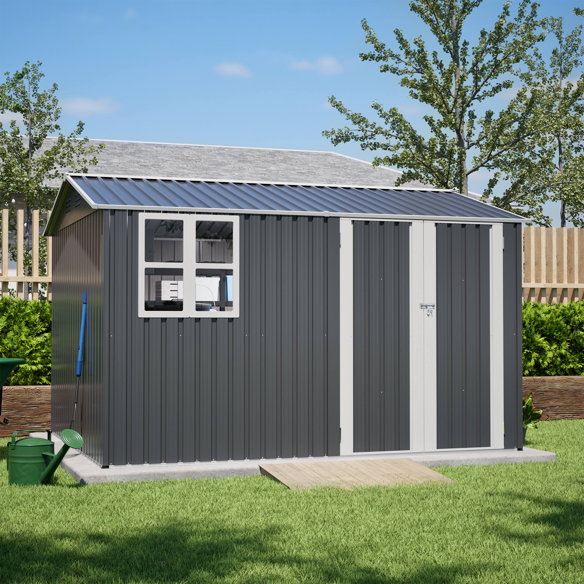 Angle. Mondawe - 10X8FT Outdoor Steel Storage Shed with Clear Window, Lockable Doors and Floor Frame - Gray.