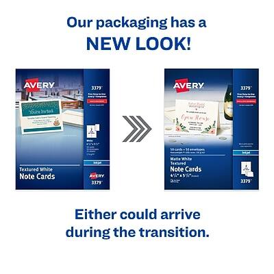 Our packaging has a NEW LOOK!

AVERY 3379
Textured White Note Cards

AVERY 3379
Matte White Textured Note Cards
50 cards + 5 envelopes
Note Cards 4 1/4" x 5 1/2"

Either could arrive during the transition.