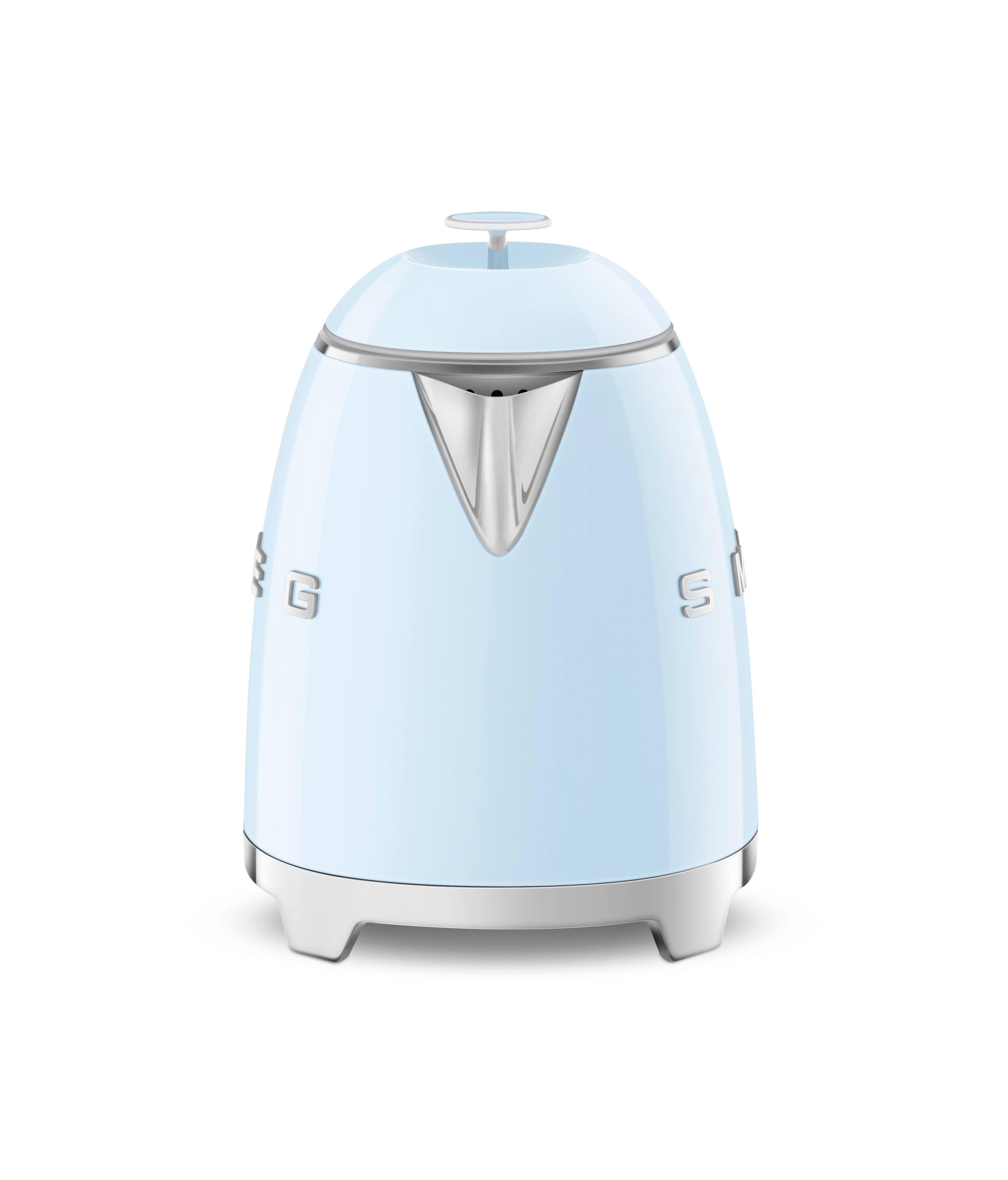 Angle. SMEG - KLF05 3.5-cup Electric Mini Kettle - Pastel Blue.