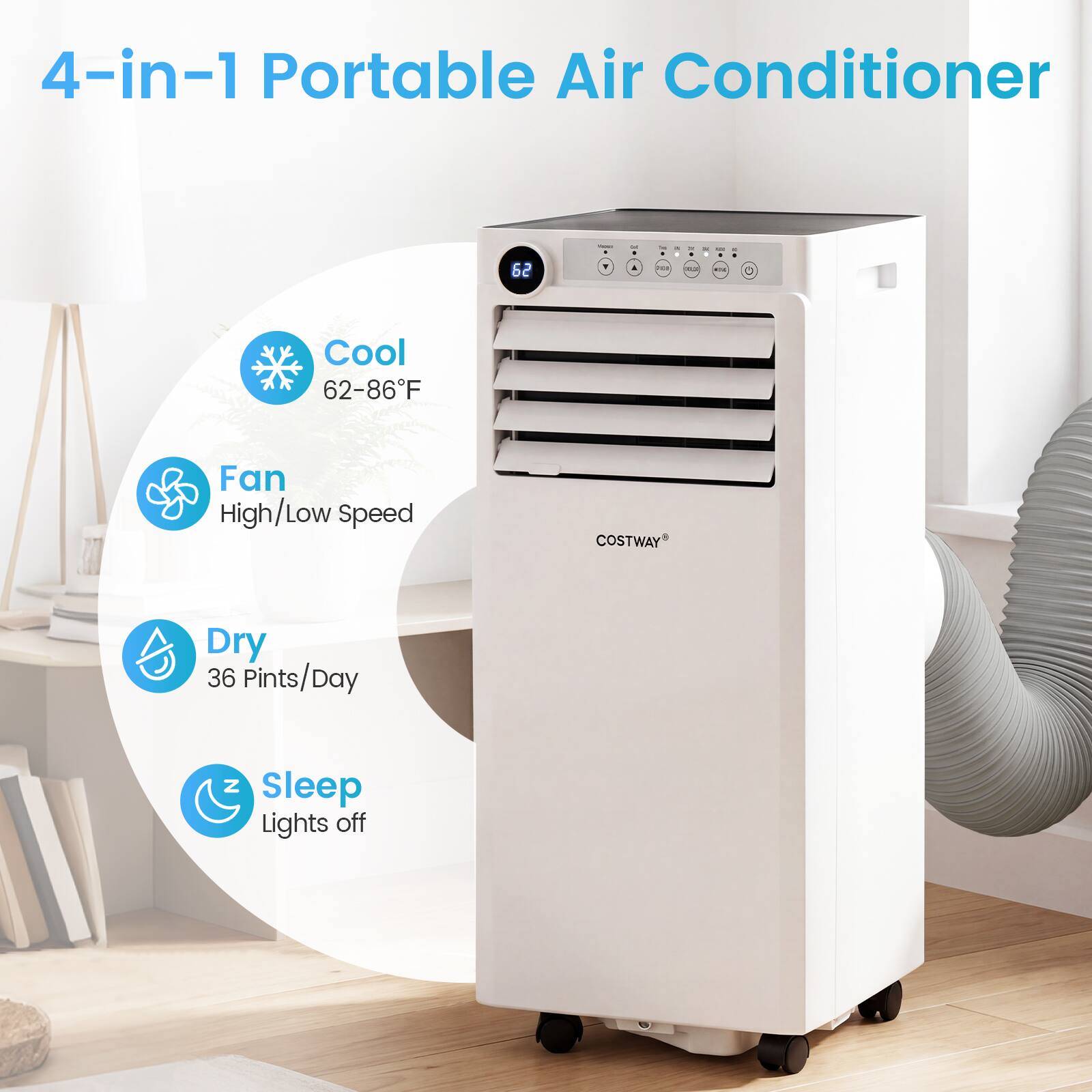 4-in-1 Portable Air Conditioner

Cool 62-86°F

Fan High/Low Speed

Dry 36 Pints/Day

Sleep Lights off