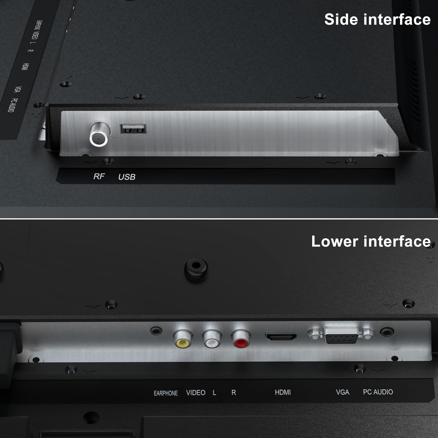 Side interface  
RF USB  

Lower interface  
EARPHONE VIDEO L R HDMI VGA PC AUDIO