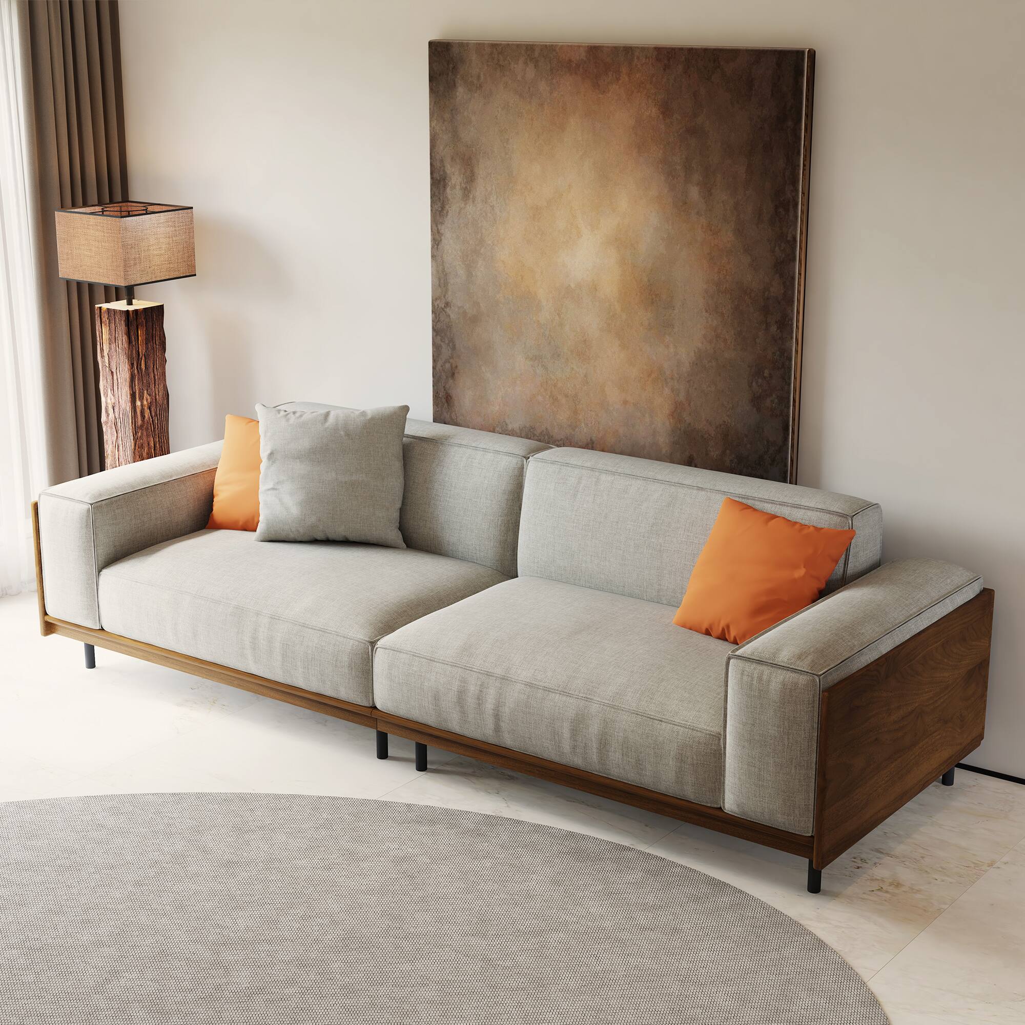 Back. luck idea - Modern Fabric Sofa with Solid Wood Frame, Breathable Cotton-Linen Upholstery, High-Density Foam Cushions, Metal Legs - Gray 3-Seat.