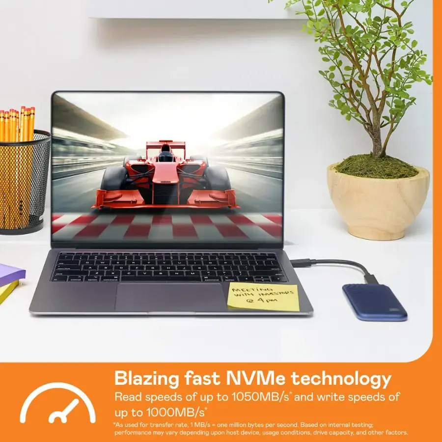 Blazing fast NVMe technology Read speeds of up to 1050MB/s and write speeds of up to 1000MB/s. As used for transfer rate, 1 MB/s is one million bytes per second. Based on internal testing: performance may vary depending upon host device, usage conditions, drive capacity, and other factors.