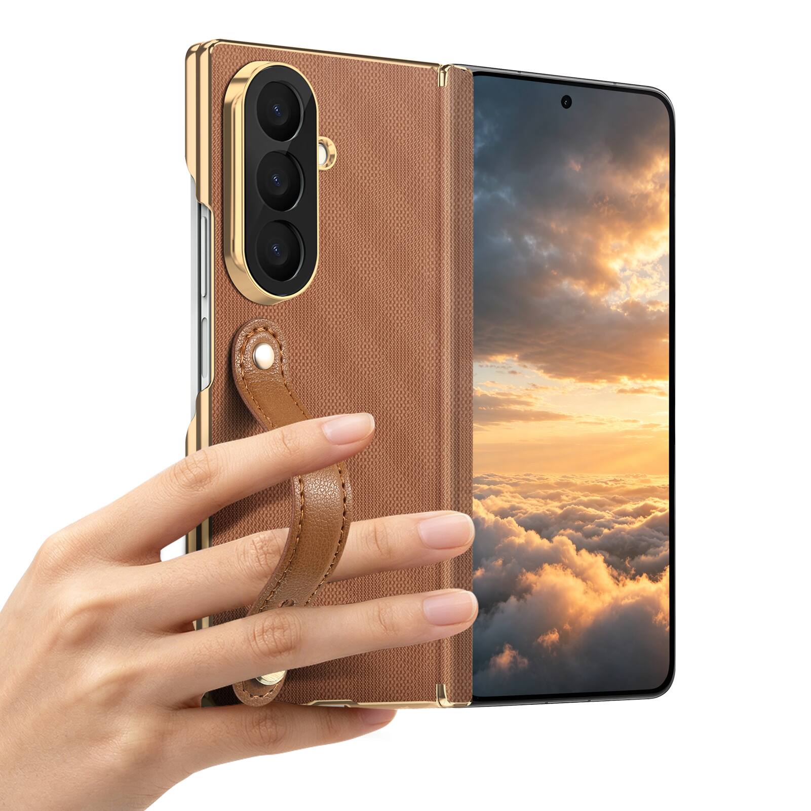 Angle. Dteck - Shockproof Case for Samsung Galaxy Z Fold8 Ultra with Wrist Strap, Rigid Plastic Leather Texture Dual Axis Hinge Cover - Brown.