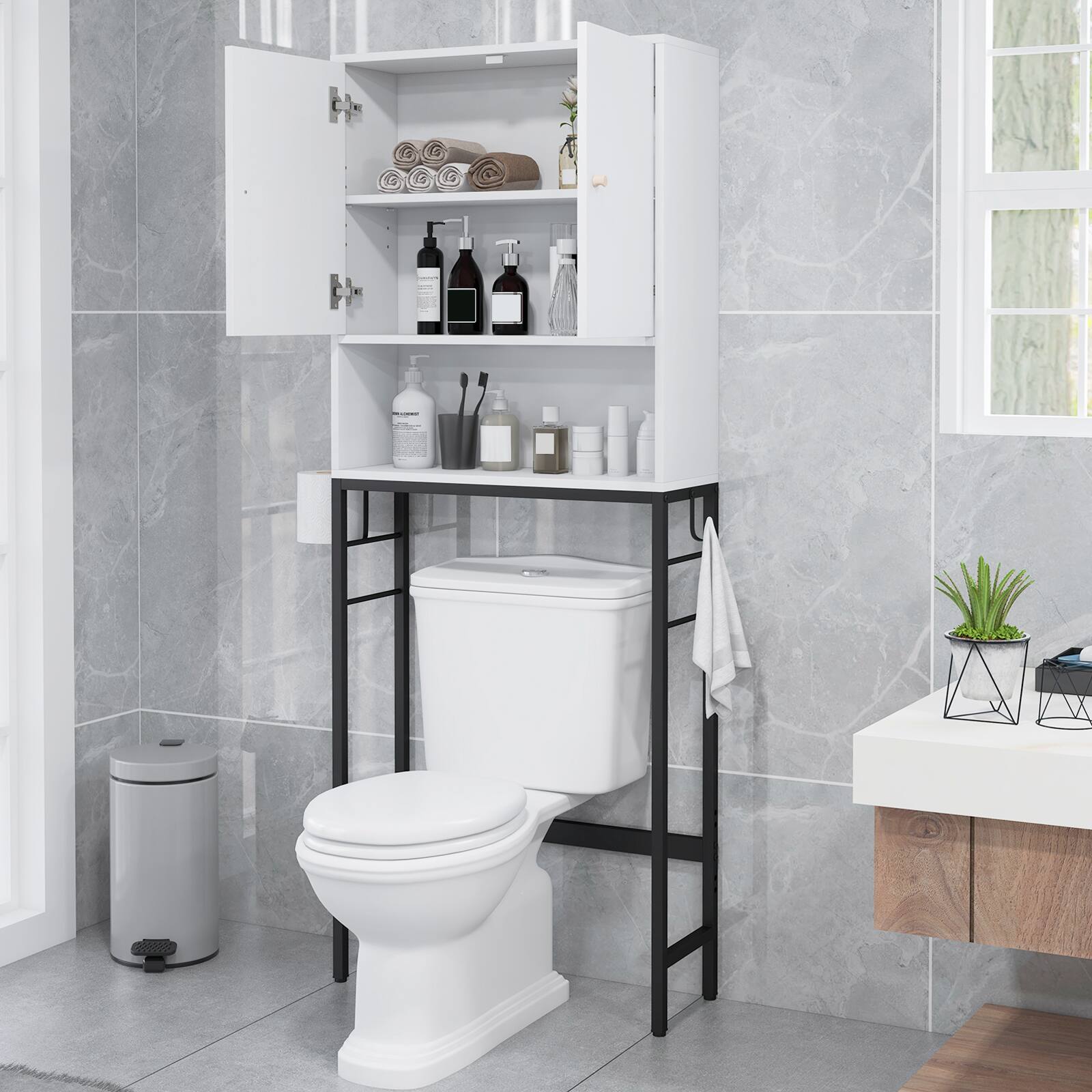 Angle. SlickBlue - Over Toilet Storage Cabinet with 2 Doors and Adjustable Shelf for Bathroom - White.
