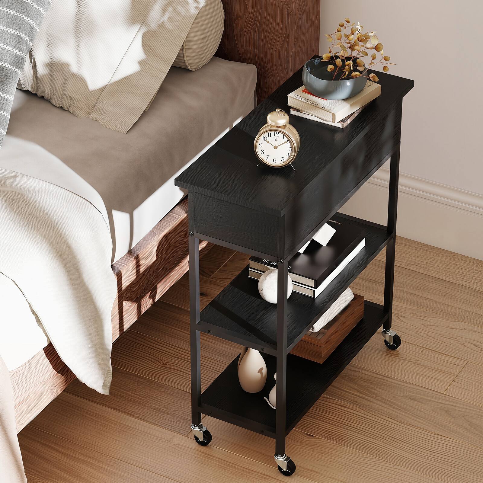 Alt View 4. Gymax - Gymax 2PCS Rolling Lift Top End Table w/ Charging Station Hidden Compartment - Black.