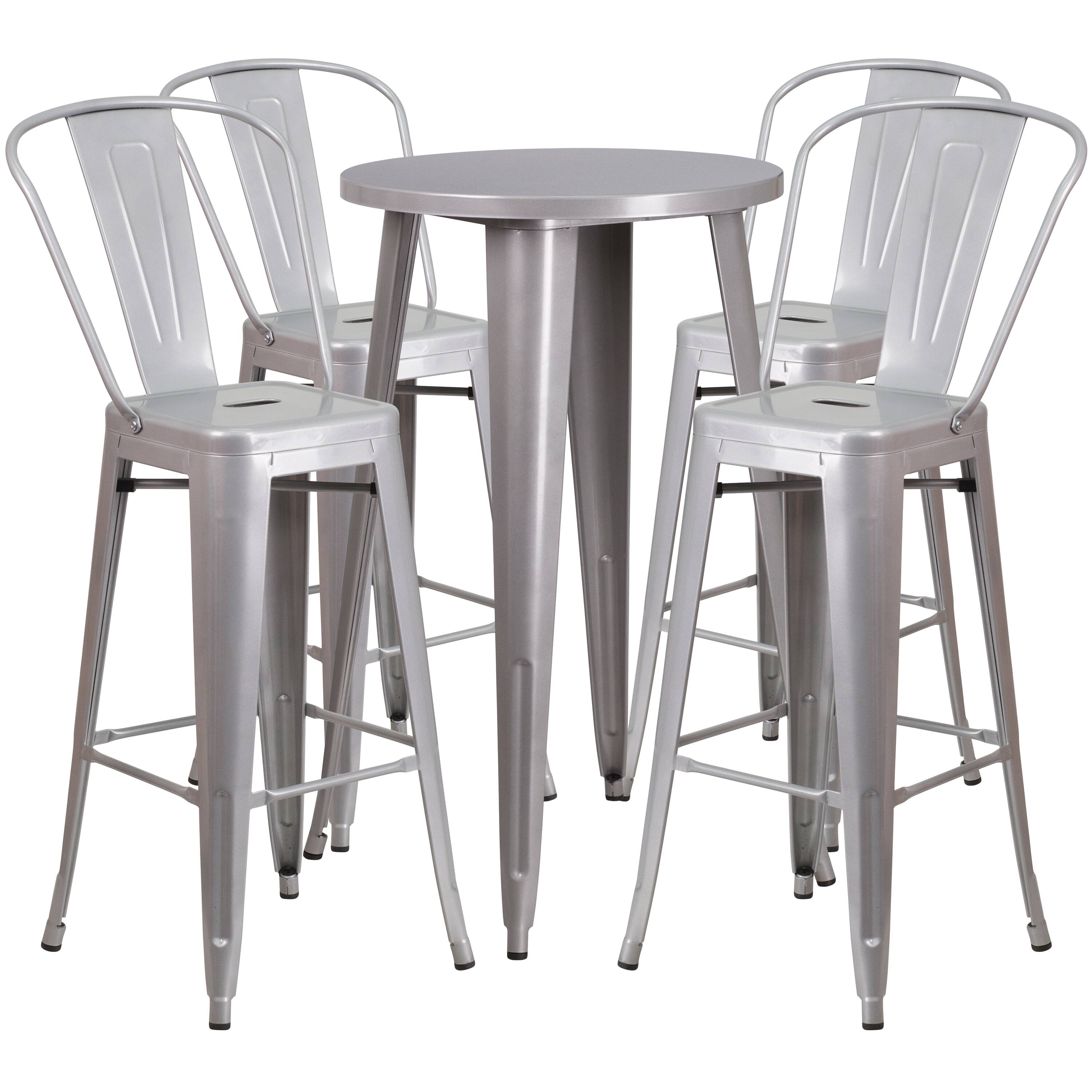Front. Emma + Oliver - Commercial Grade 24" Round Metal Indoor-Outdoor Bar Table Set with 4 Cafe Stools - Silver.