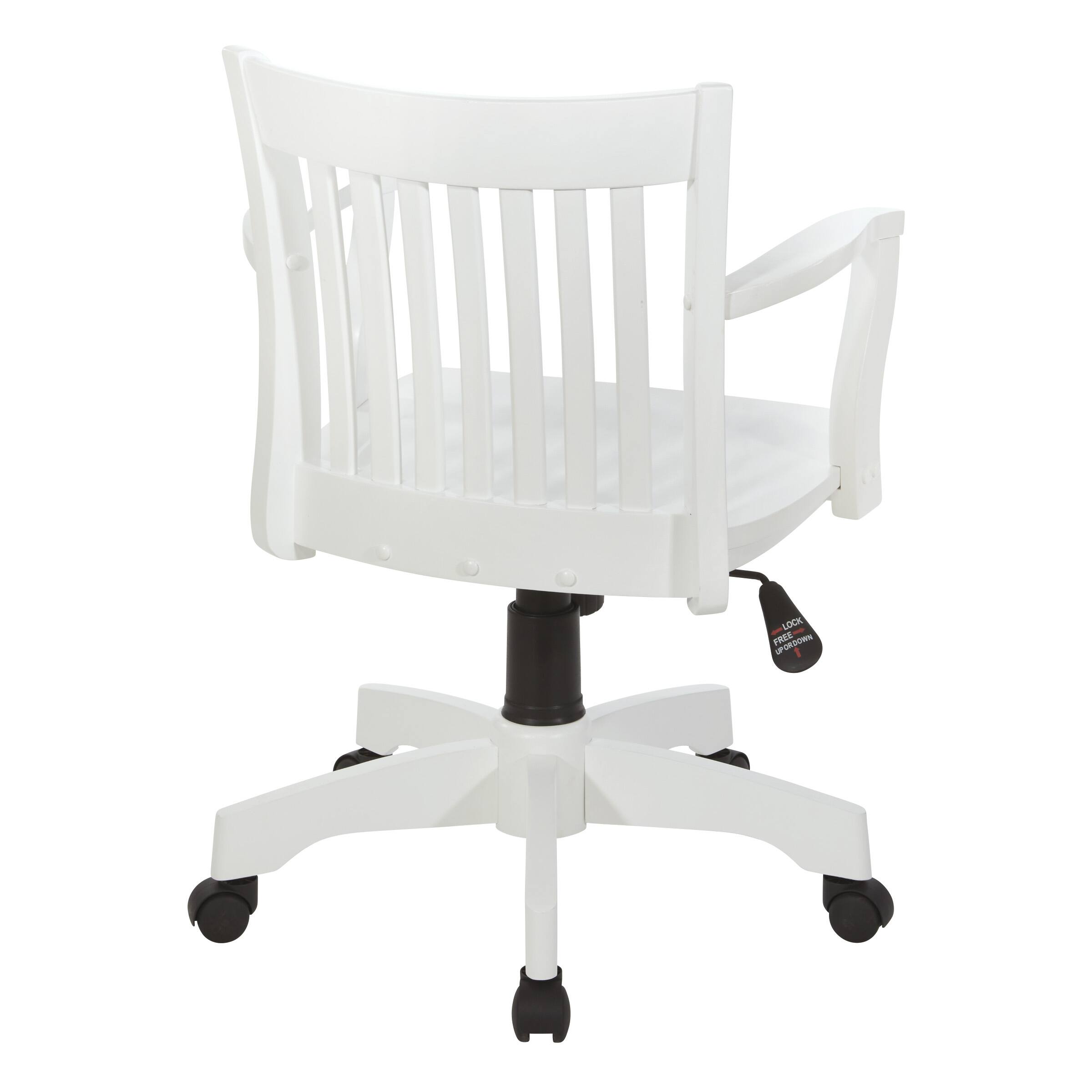 The image shows a white chair with a black armrest. The chair has a lock free up/down feature, which allows for easy adjustment of the chair's height. The chair is designed to provide comfort and support for the user, making it an ideal choice for various settings, such as offices, homes, or public spaces.