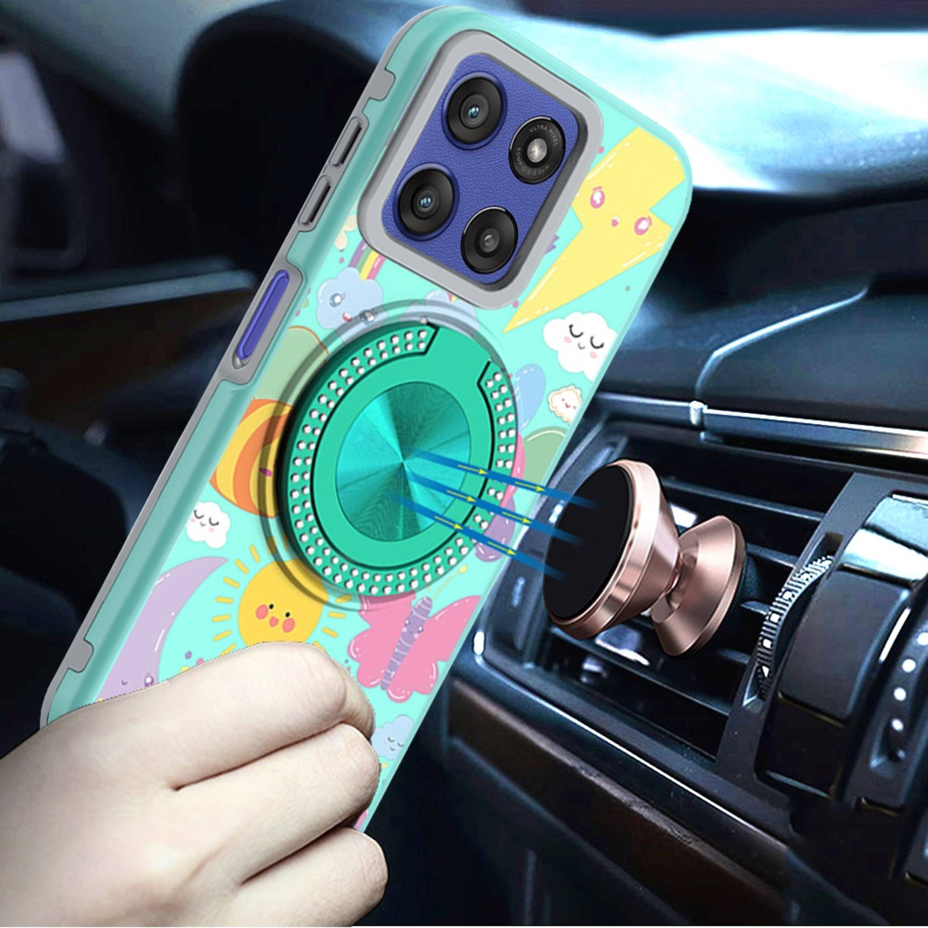 Angle. Kitcheniva - Printed Design Bling 360 Stand Case Plus Tempered Glass For Moto G Stylus 2026/2025 Aqua With Celestial Sun Rainbows - Multicolor.