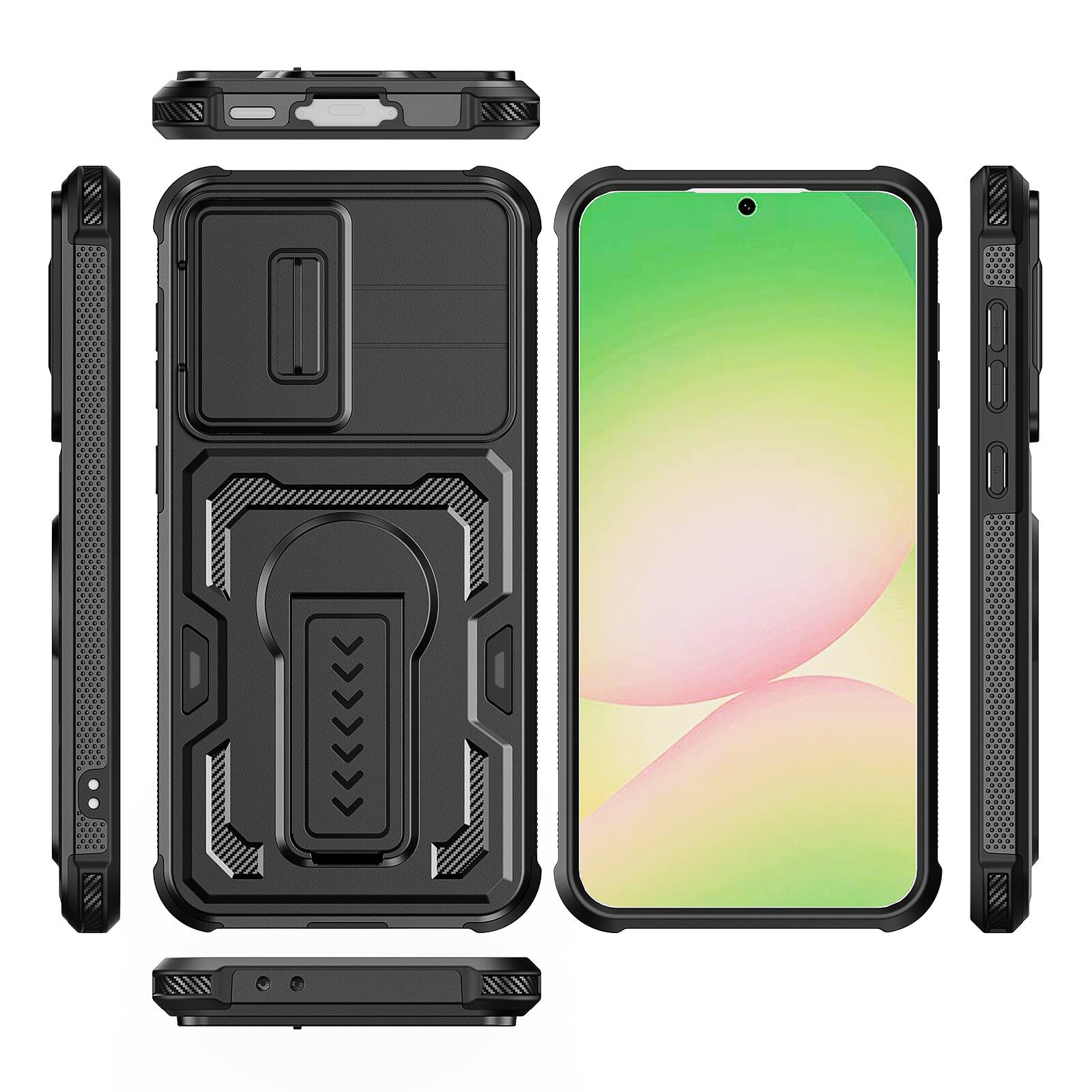 Alt View 4. Dteck - Rugged Stand Case for Samsung Galaxy A37 5G/A56 5G/A36 5G,Shockproof Heavy Duty Cover+Sliding Lens Cover+Tempered Glass - Black.