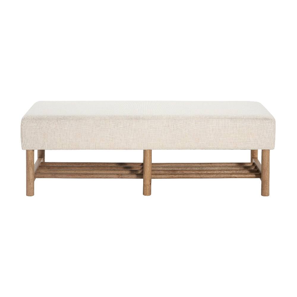 Back. Ropilly - Ropilly Rectangular Upholstered Linen Ottoman Bench with Open Storage Shelf, Solid Wood Legs, Beige - Beige.