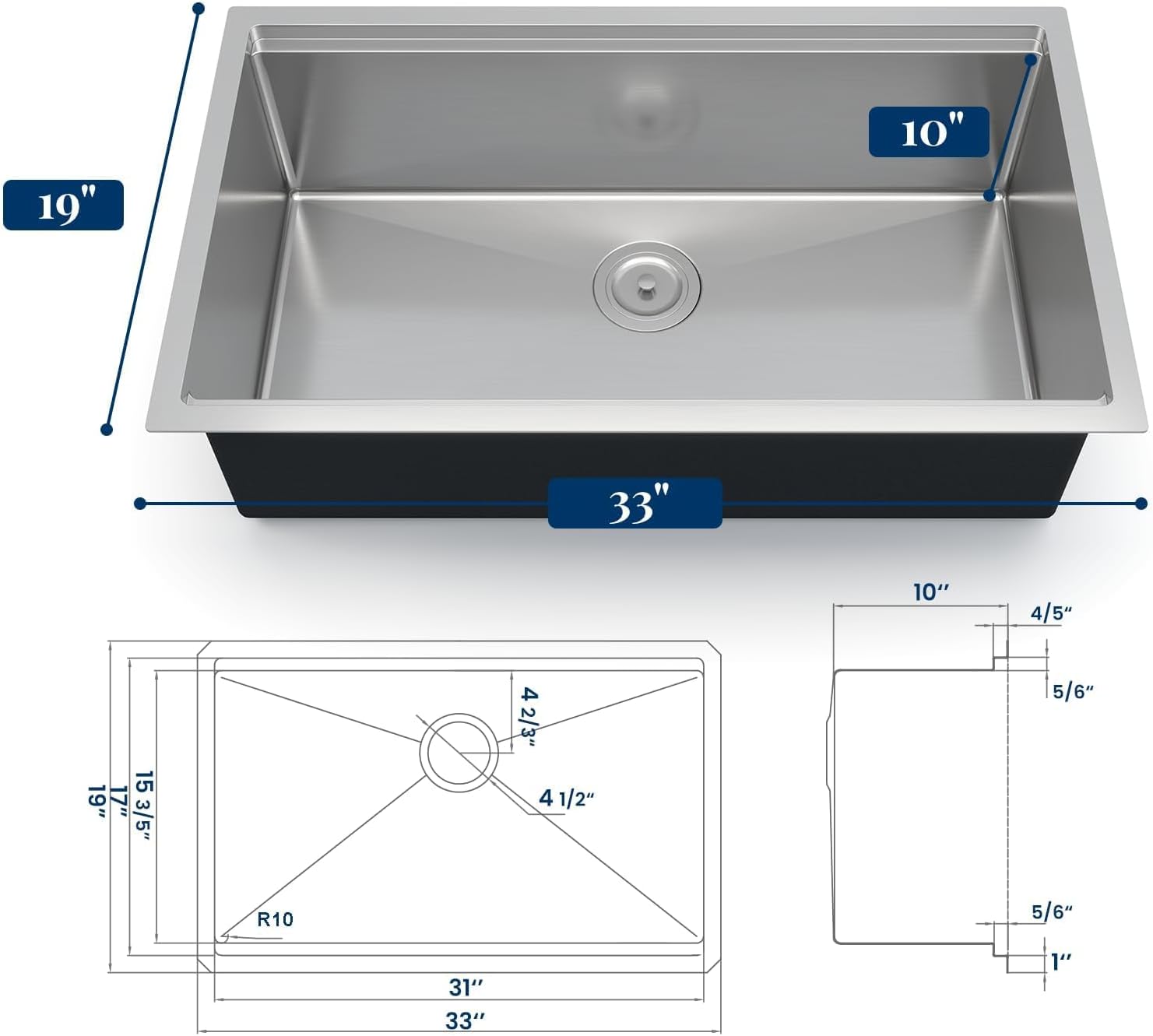 Sure, here is the corrected and grouped text from the image:

- **Dimensions:**
  - 19" (width)
  - 10" (depth)
  - 33" (overall length)

- **Drain:**
  - 4 1/2"

- **Cutout:**
  - 17 3/5"
  - 15 3/5"
  - 4 2/3"
  - 4 1/2"
  - R10

- **Additional Dimensions:**
  - 31"
  - 33"
  - 1"

- **Other Measurements:**
  - 10"
  - 4/5"
  - 5/6"
  - 5/6"
  - 1"