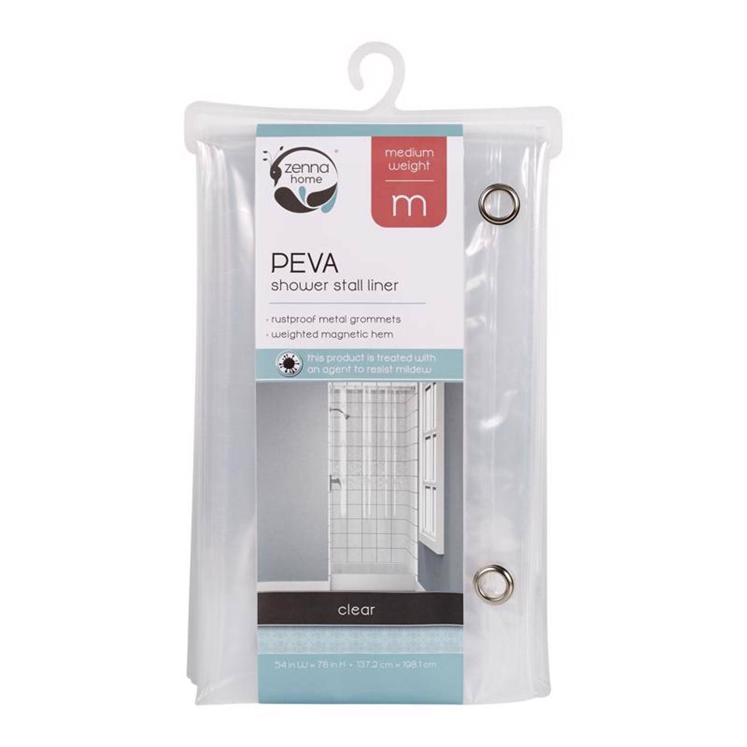 zenna home medium weight m PEVA shower stall liner rustproof metal grommets weighted magnetic hem this product is treated with an agent to resist mildew clear 4 in w x 78 in h 108.1 cm