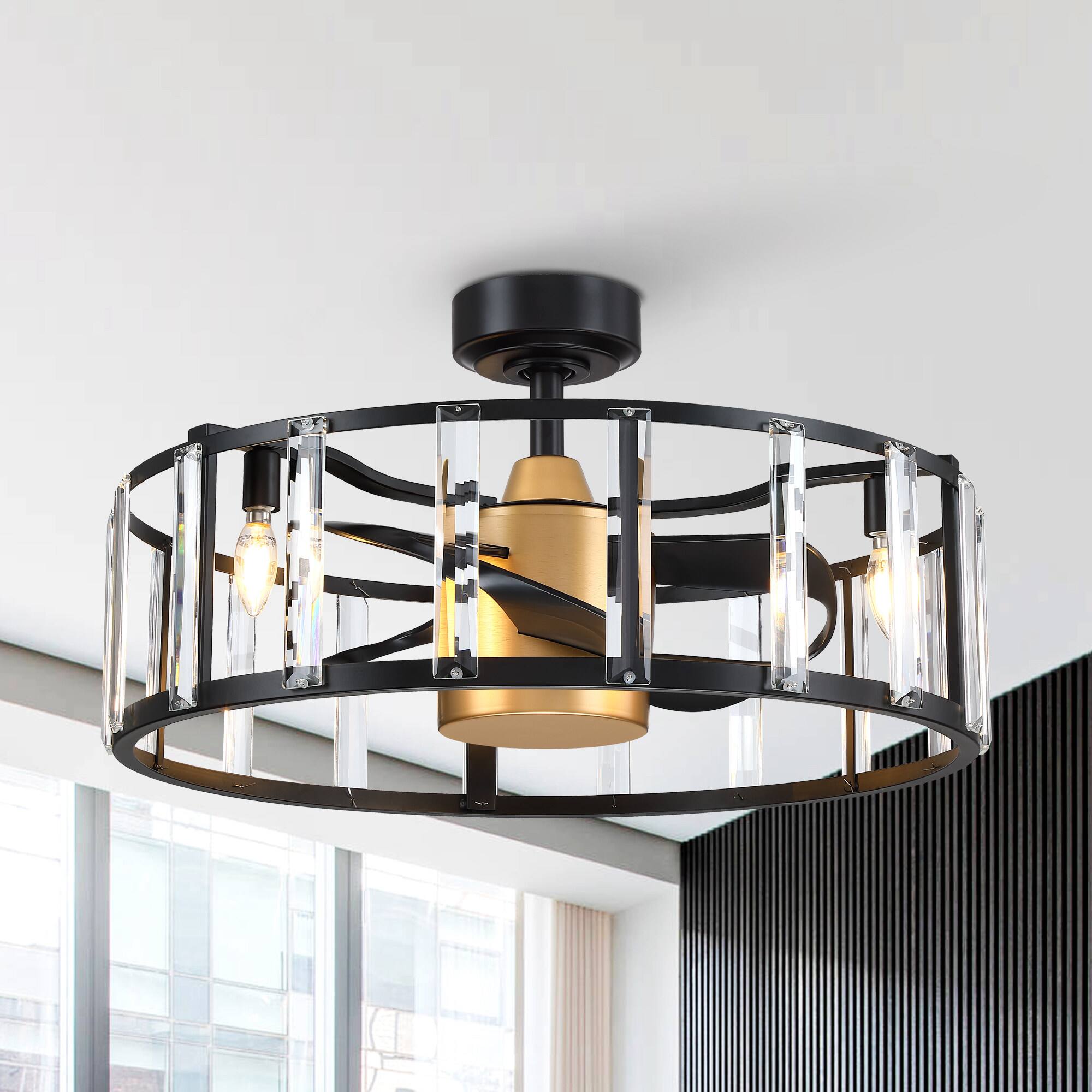 Back. Parrot Uncle - 26.7 in. Matte Black Modern Caged Crystal Ceiling Fan with Light and Remote - Black.